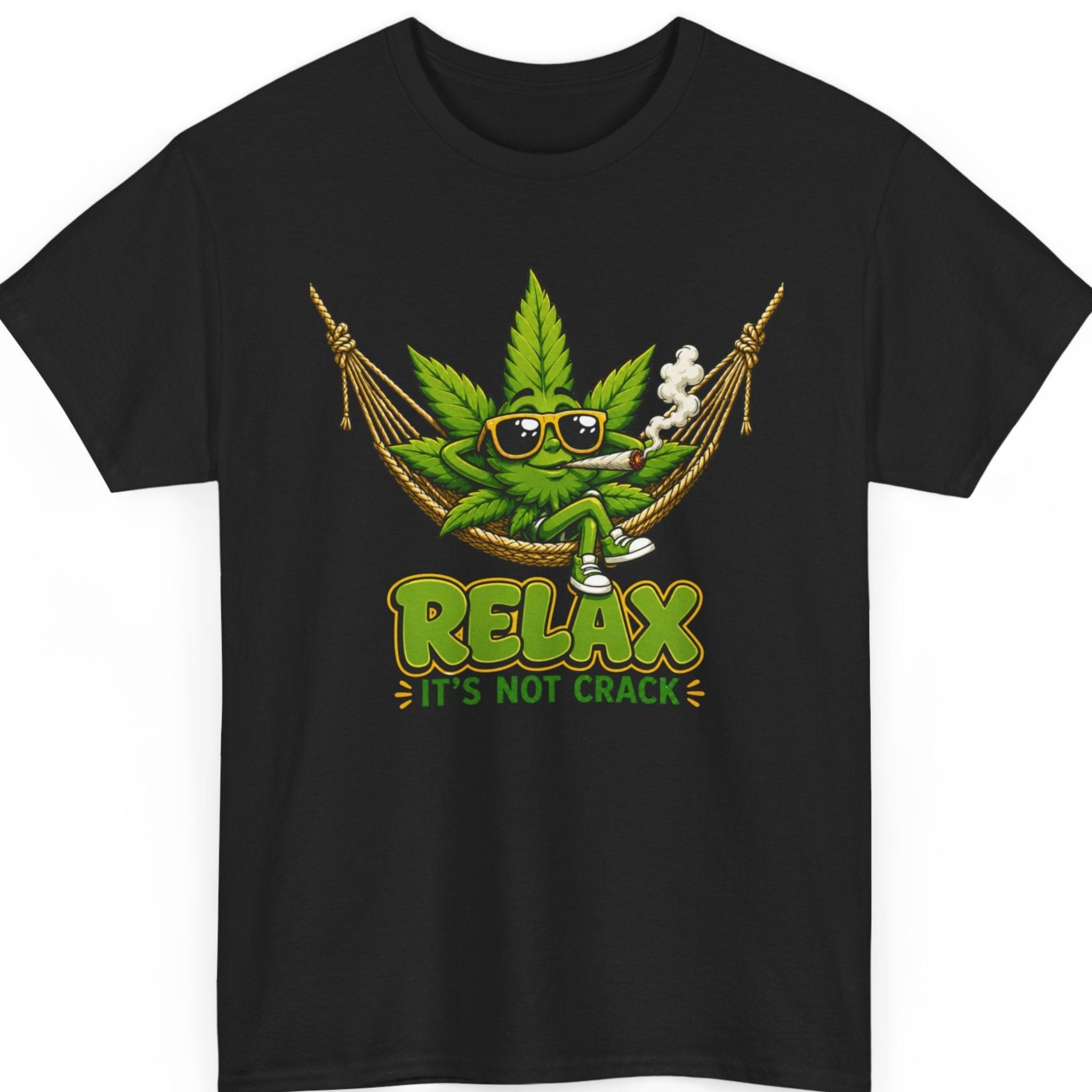 Mayhem Haus funny cannabis graphic t-shirt on a black shirt featuring a cool cartoon marijuana leaf relaxing in a rope hammock, wearing sunglasses, smoking a joint, and the phrase "Relax It's Not Crack."