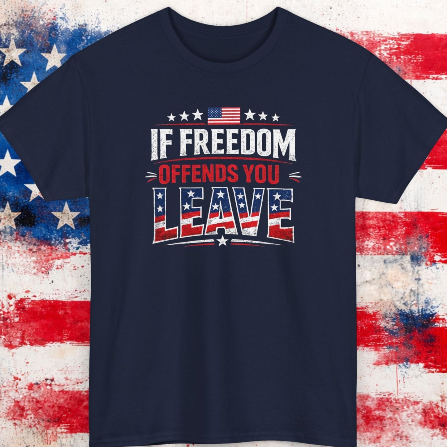 Navy blue t-shirt with text design on a background resembling an American flag.