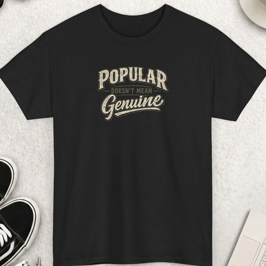 Black t-shirt featuring distressed vintage-style typography reading “Popular Doesn’t Mean Genuine” in a bold minimalist layout.