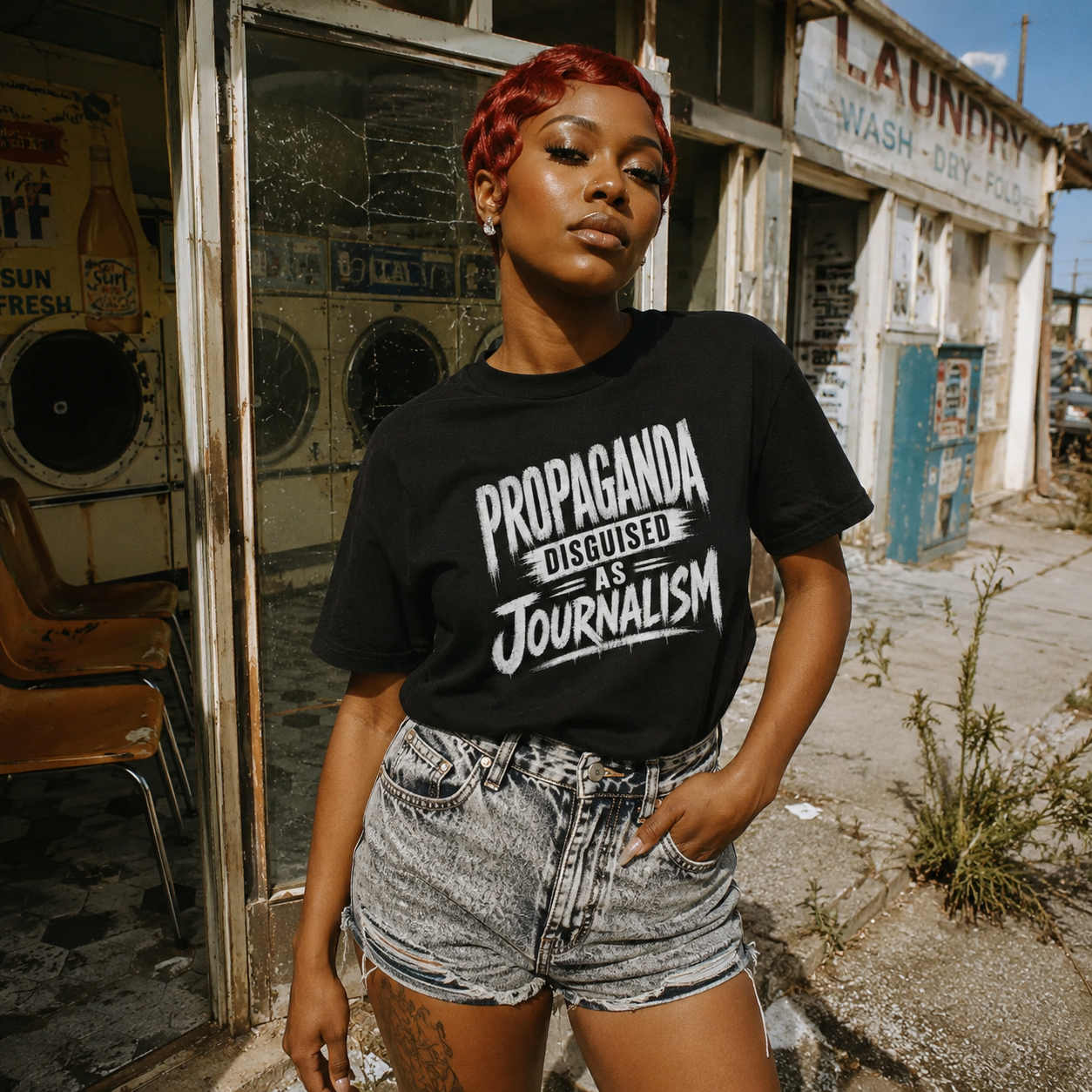 Mayhem Haus Propaganda Disguised as Journalism T-Shirt on a person with red hair