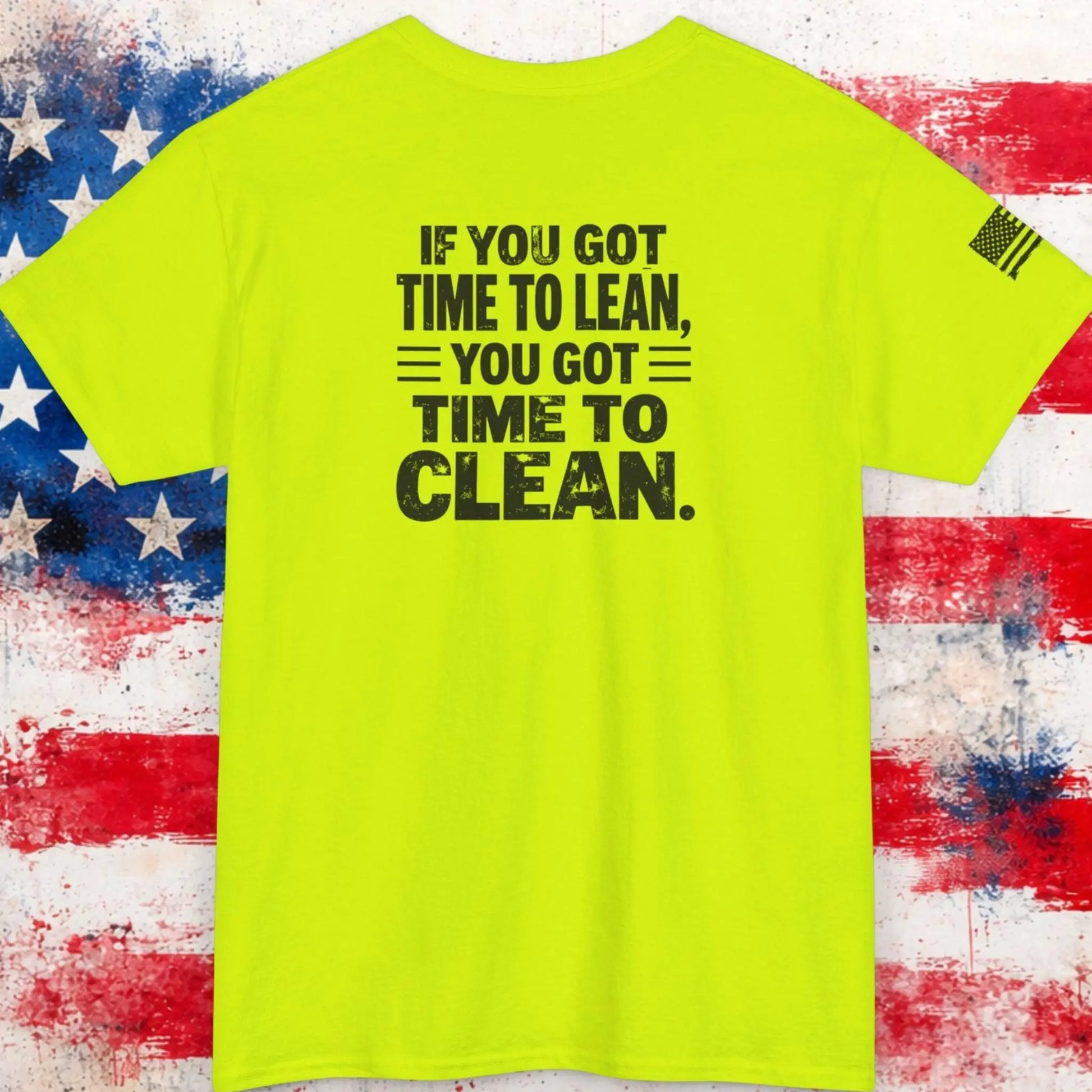 Neon green t-shirt with text on a distressed American flag background