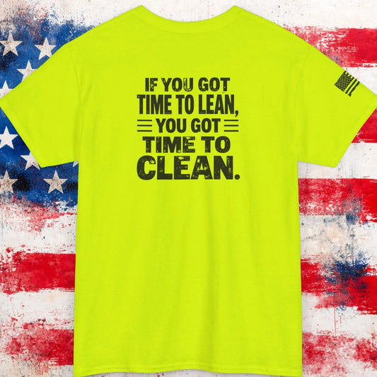 Neon green t-shirt with text on a distressed American flag background