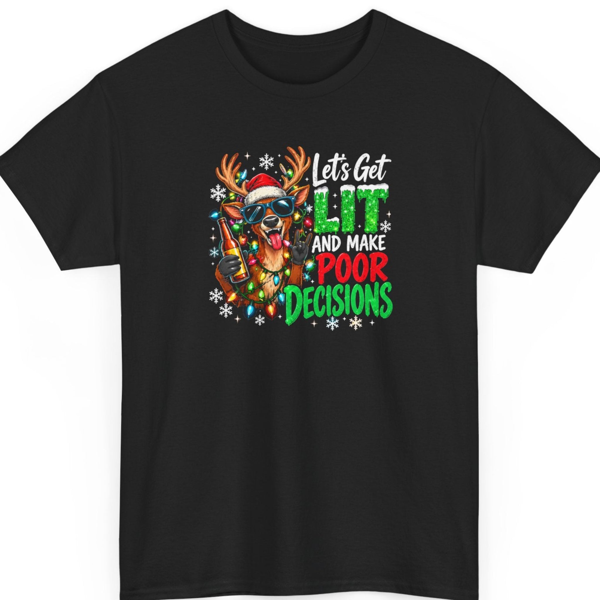 Mayhem Haus “Let's Get Lit and Make Poor Decisions” black t-shirt featuring a wild Christmas reindeer wearing a Santa hat and blue sunglasses, sticking its tongue out while holding a bottle and making a rock hand gesture. Colorful Christmas lights, snowflakes, and bold red, green, and white lettering complete the funny holiday design.