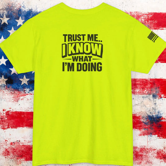 Neon green t-shirt with text on a distressed American flag background