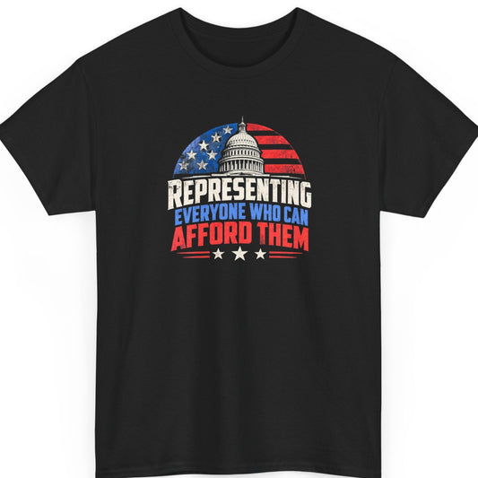 Mayhem Haus “Representing Everyone Who Can Afford Them” black t-shirt featuring distressed red, white, and blue typography with the U.S. Capitol and American flag graphic.