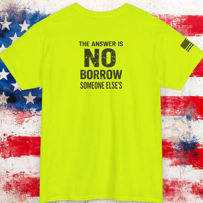 Neon green t-shirt with text on a distressed American flag background