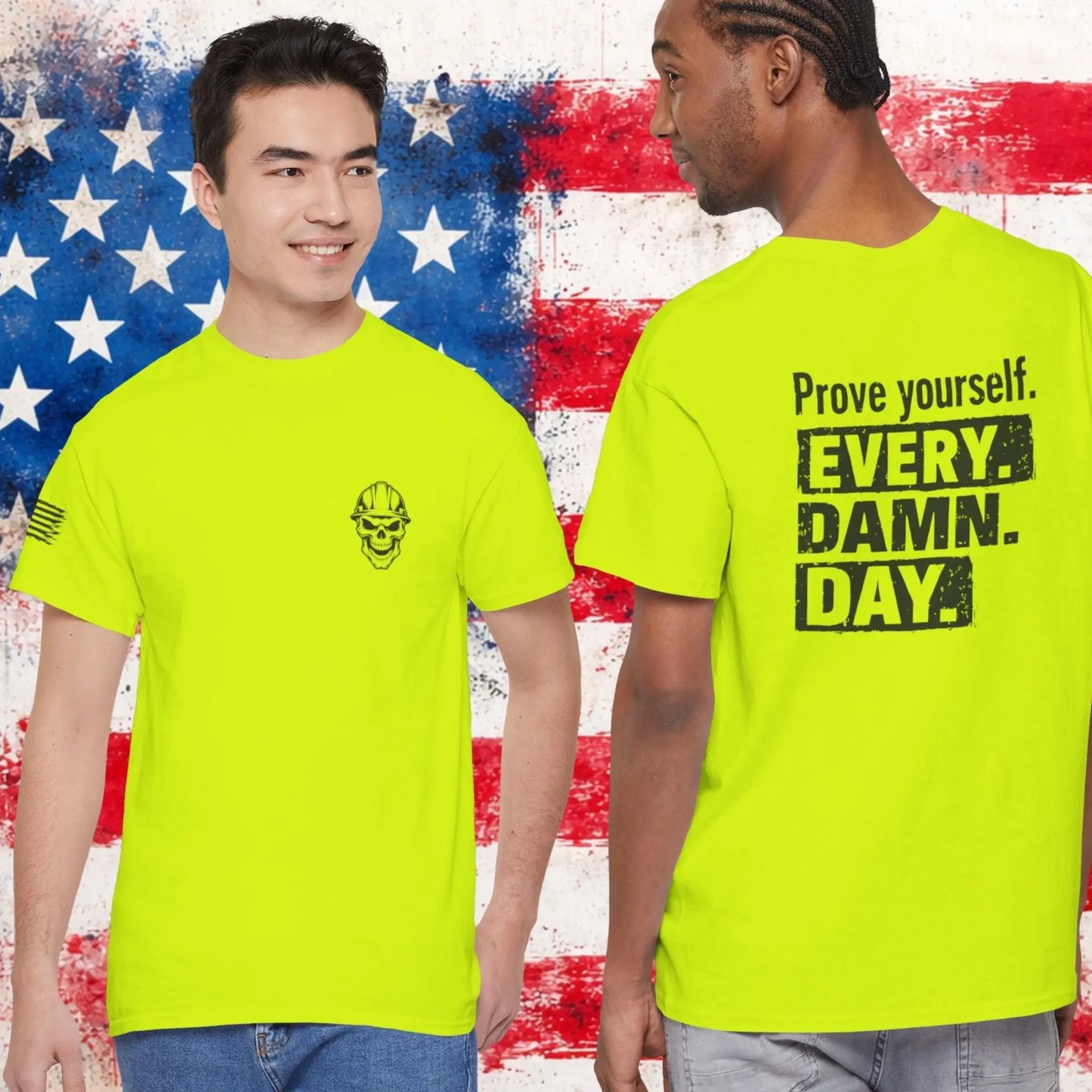 Two people wearing bright green t-shirts with text and graphics against a colorful abstract background.