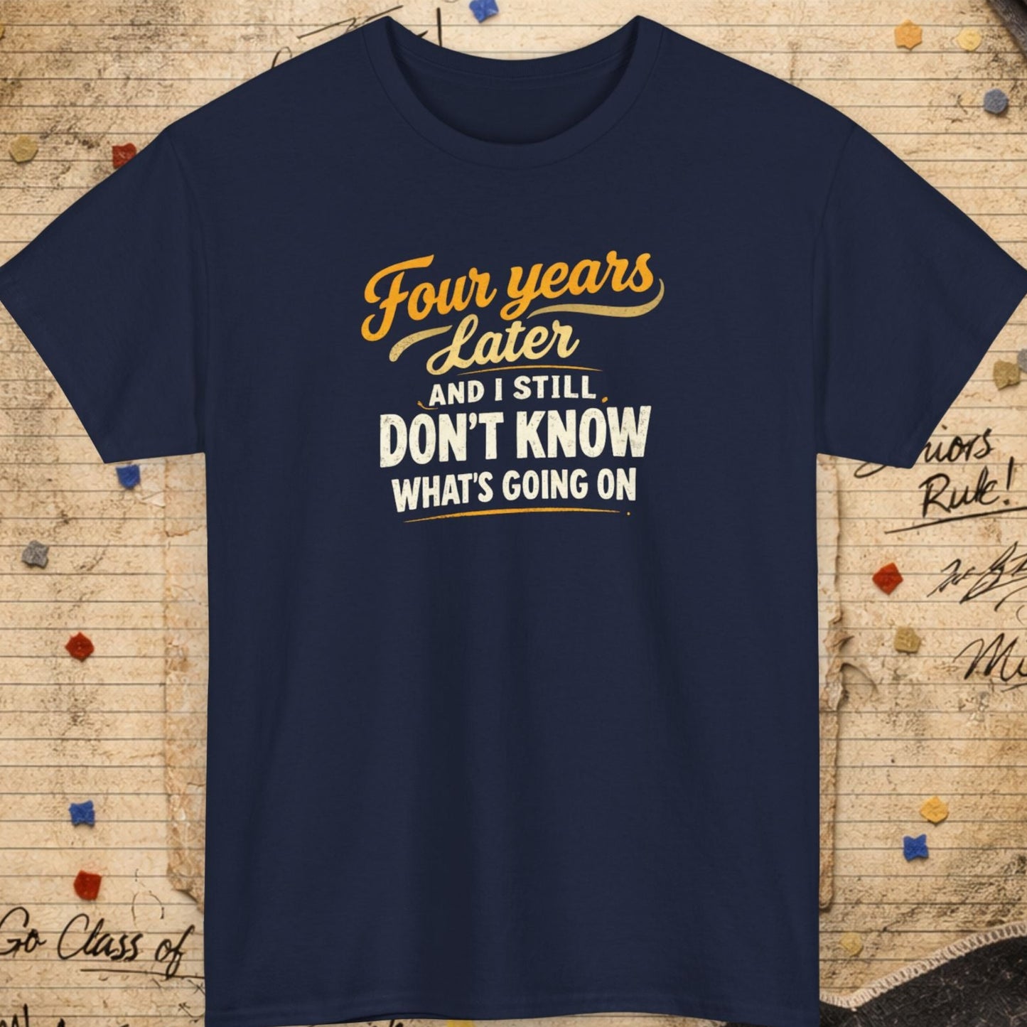 Navy blue t-shirt with humorous text design on a vintage paper background