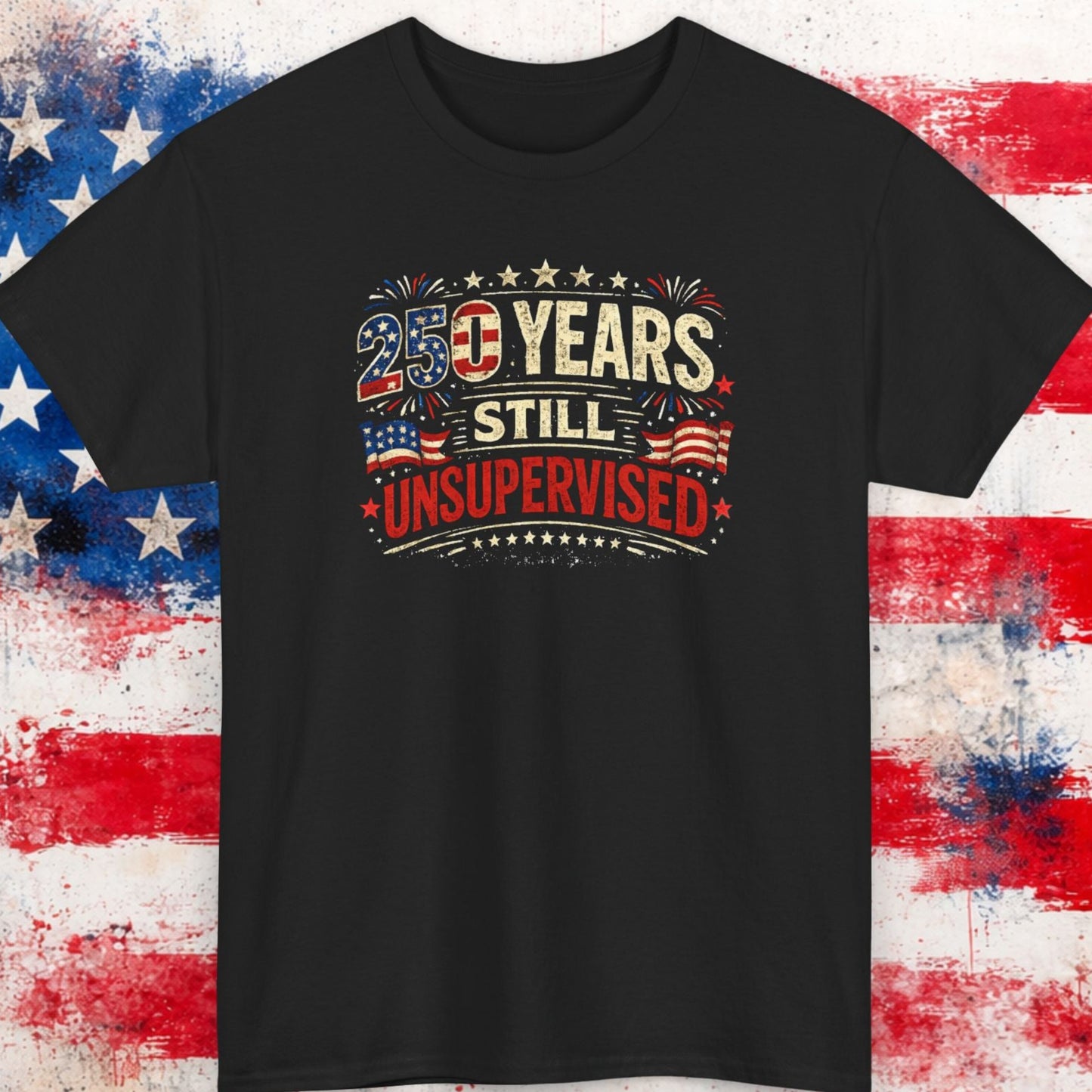 Black t-shirt with text design on a background resembling an American flag.