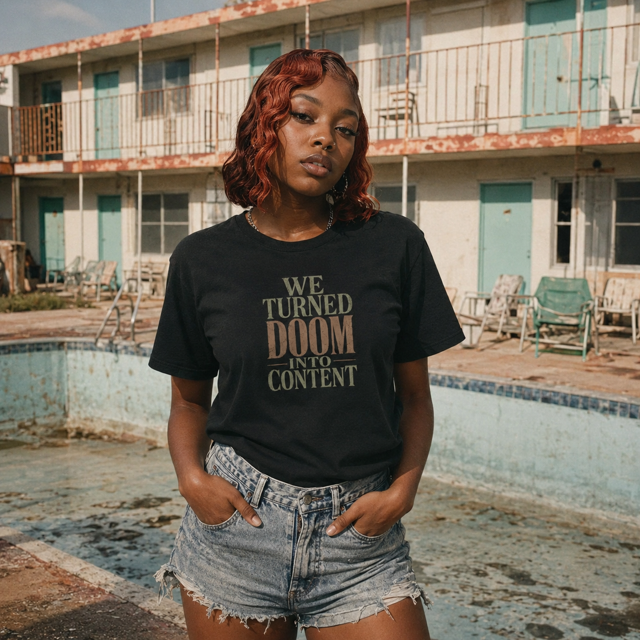 Mayhem Haus We Turned Doom Into Content T-Shirt on a person in front of an empty pool