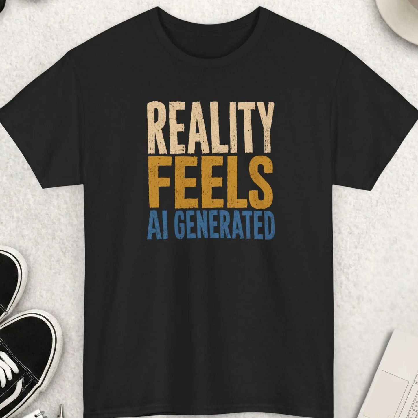 Distressed typography graphic t-shirt reading “Reality Feels AI Generated” in cream, mustard yellow, and muted blue lettering on a black shirt with dark humor streetwear aesthetic.