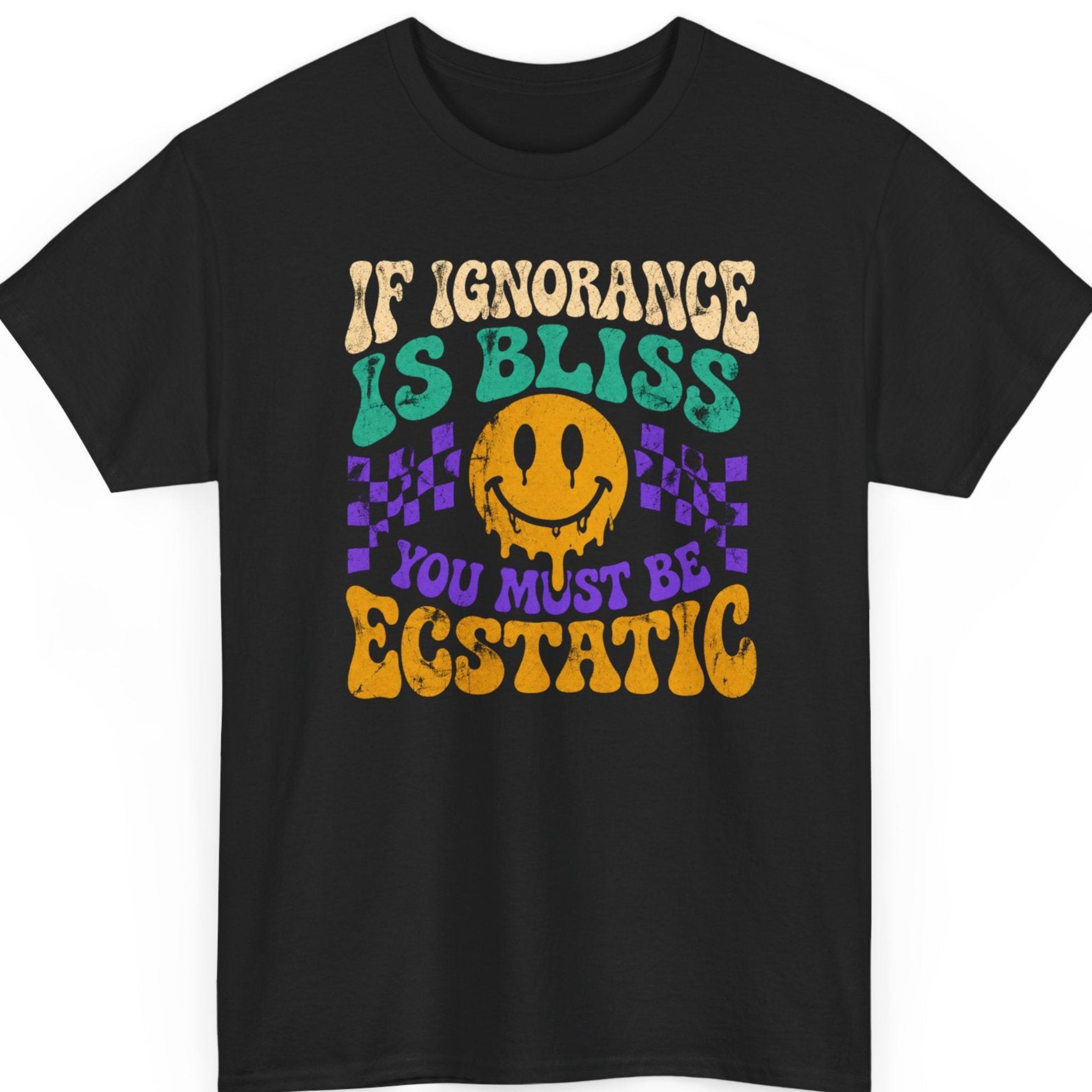 mayhem haus If Ignorance Is Bliss You Must Be Ecstatic funny sarcastic graphic t-shirt featuring a distressed melting smiley face with retro typography on black