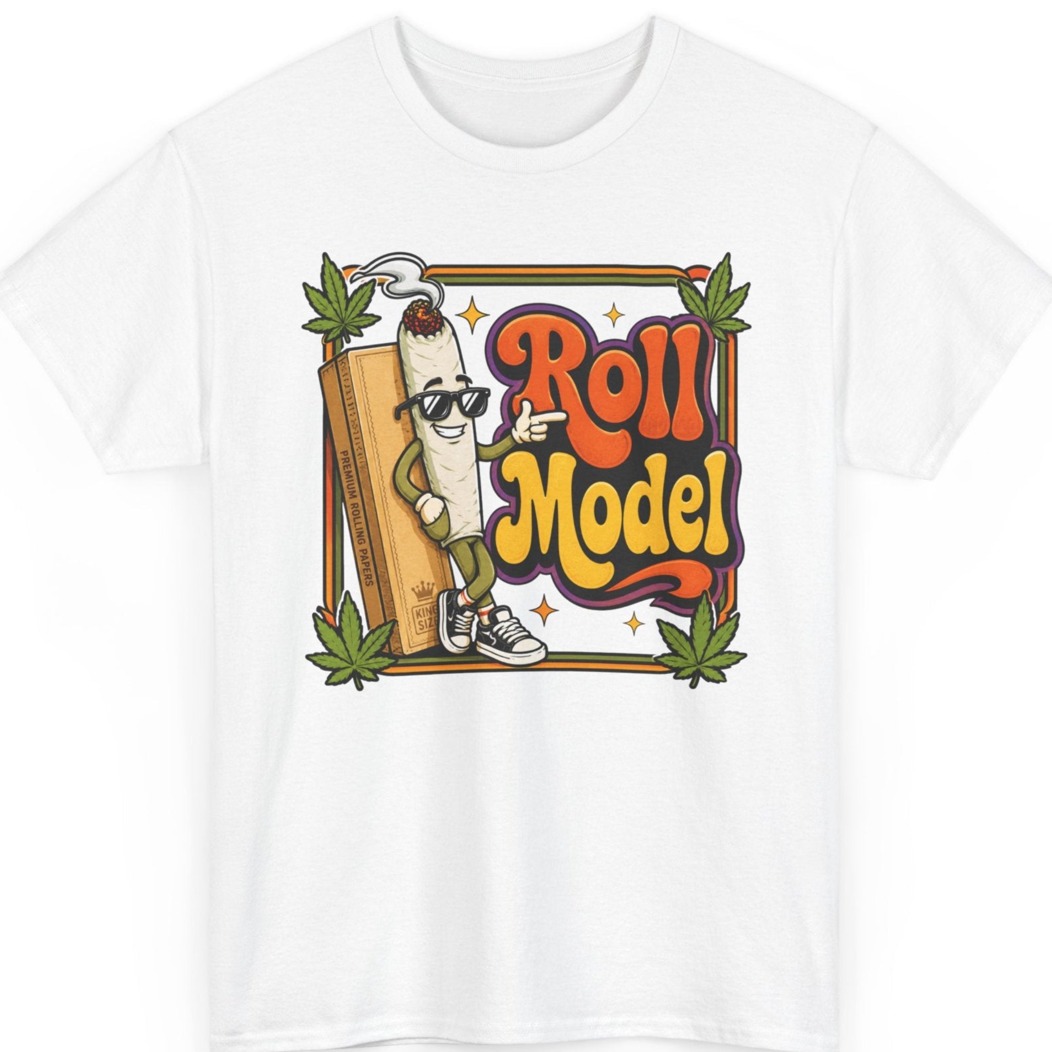 Mayhem Haus novelty cannabis shirt on a white tee featuring a cartoon joint leaning against rolling papers with vibrant orange and yellow "Roll Model" typography and green marijuana leaves.