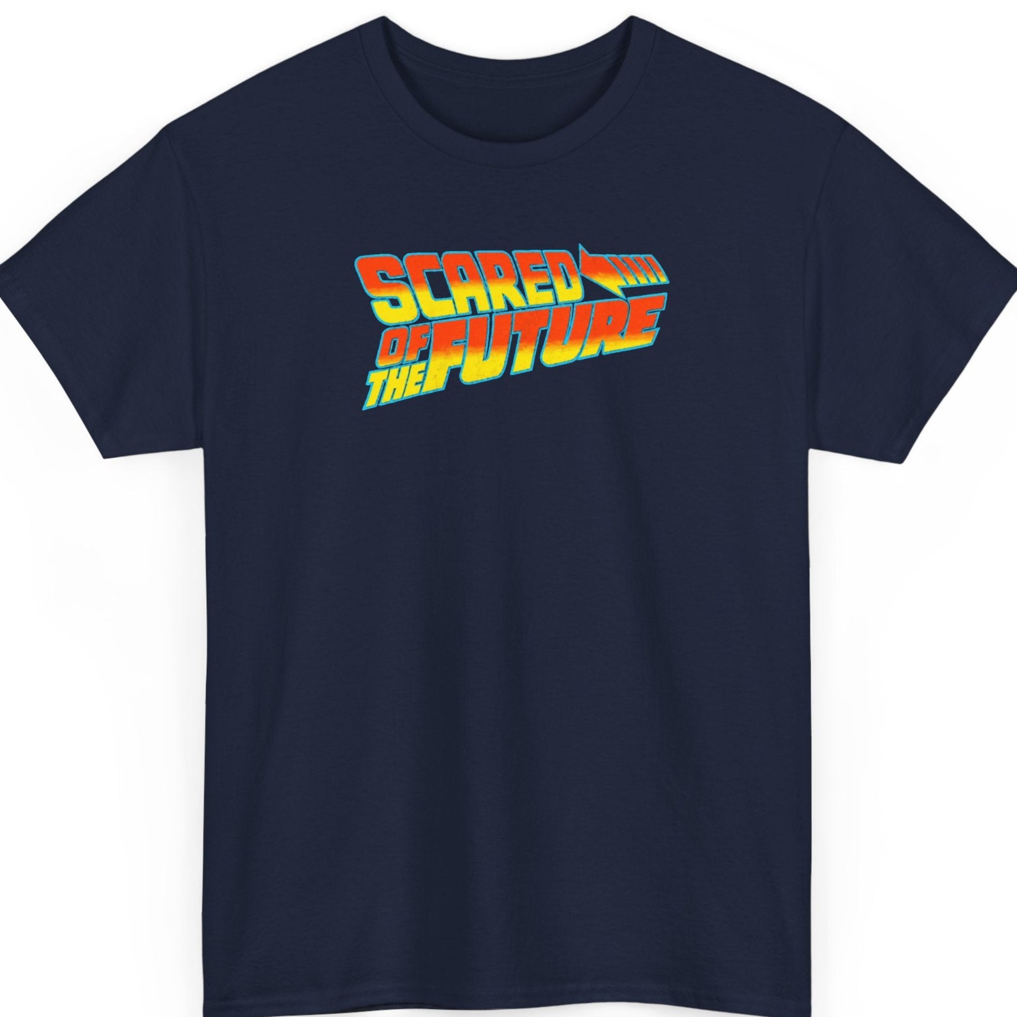 Mayhem Haus “Scared of the Future” navy blue t-shirt featuring orange and yellow gradient lettering outlined in electric cyan, with a dynamic slanted design and retro sci-fi styling.