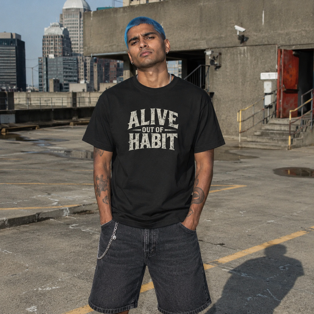 Mayhem Haus Alive Out Of Habit T-Shirt on a person with blue hair and tattoos