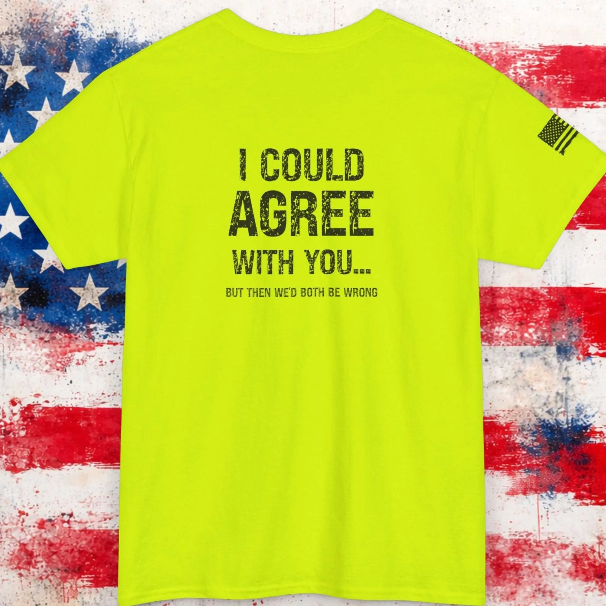 Bright green t-shirt with text on a distressed American flag background