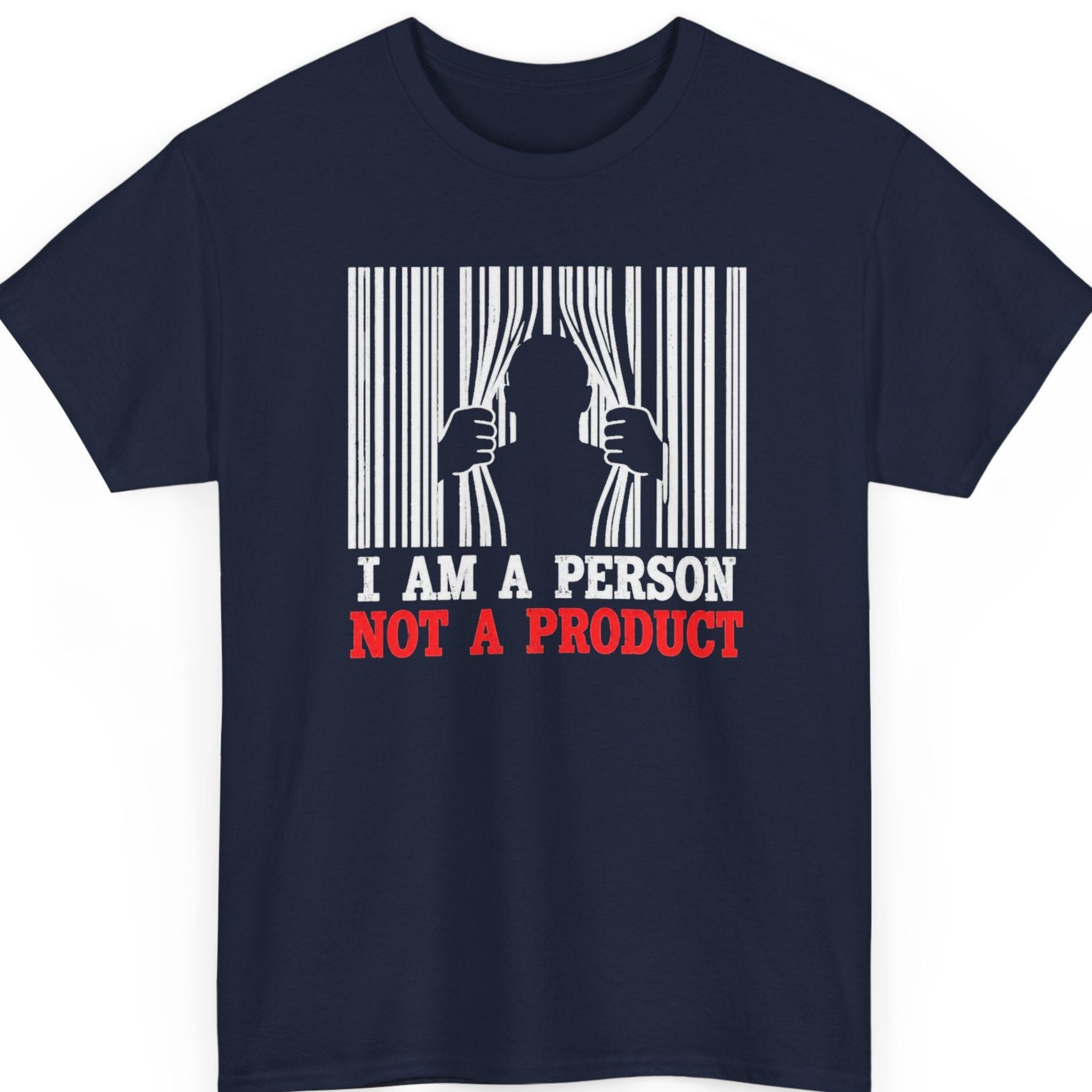 Mayhem Haus “I Am a Person Not a Product” navy blue t-shirt featuring a symbolic barcode-inspired graphic with a human figure breaking through the lines and bold white and red statement typography.