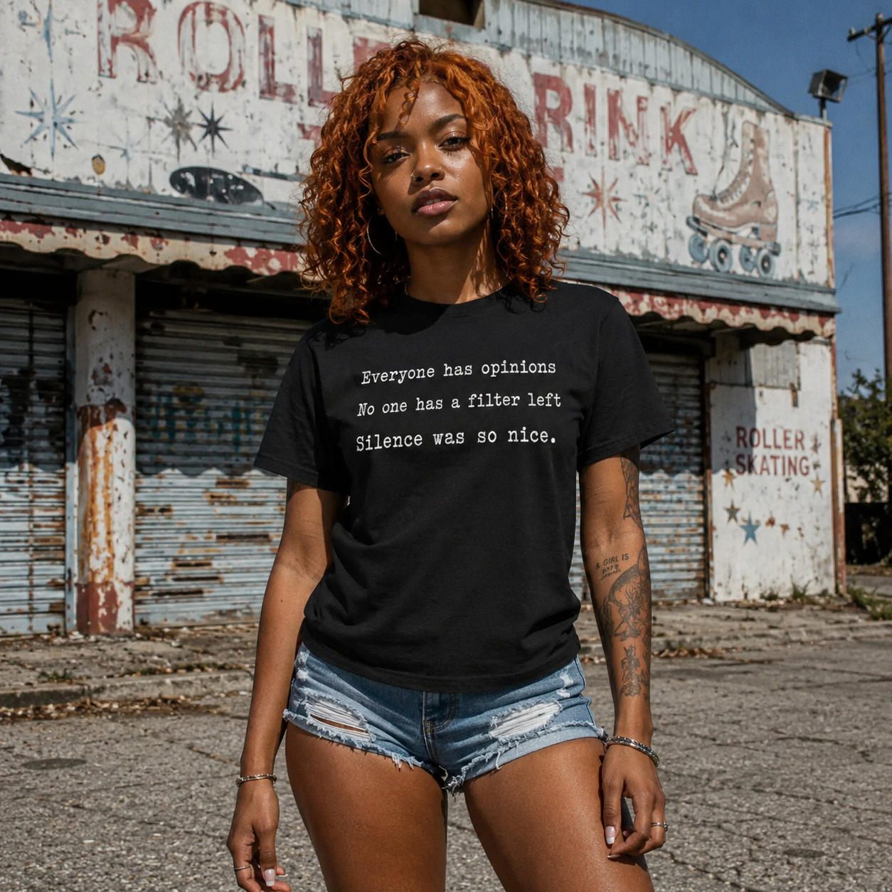 Mayhem Haus Everyone Has Opinions Haiku T-Shirt on a person with curly red hair