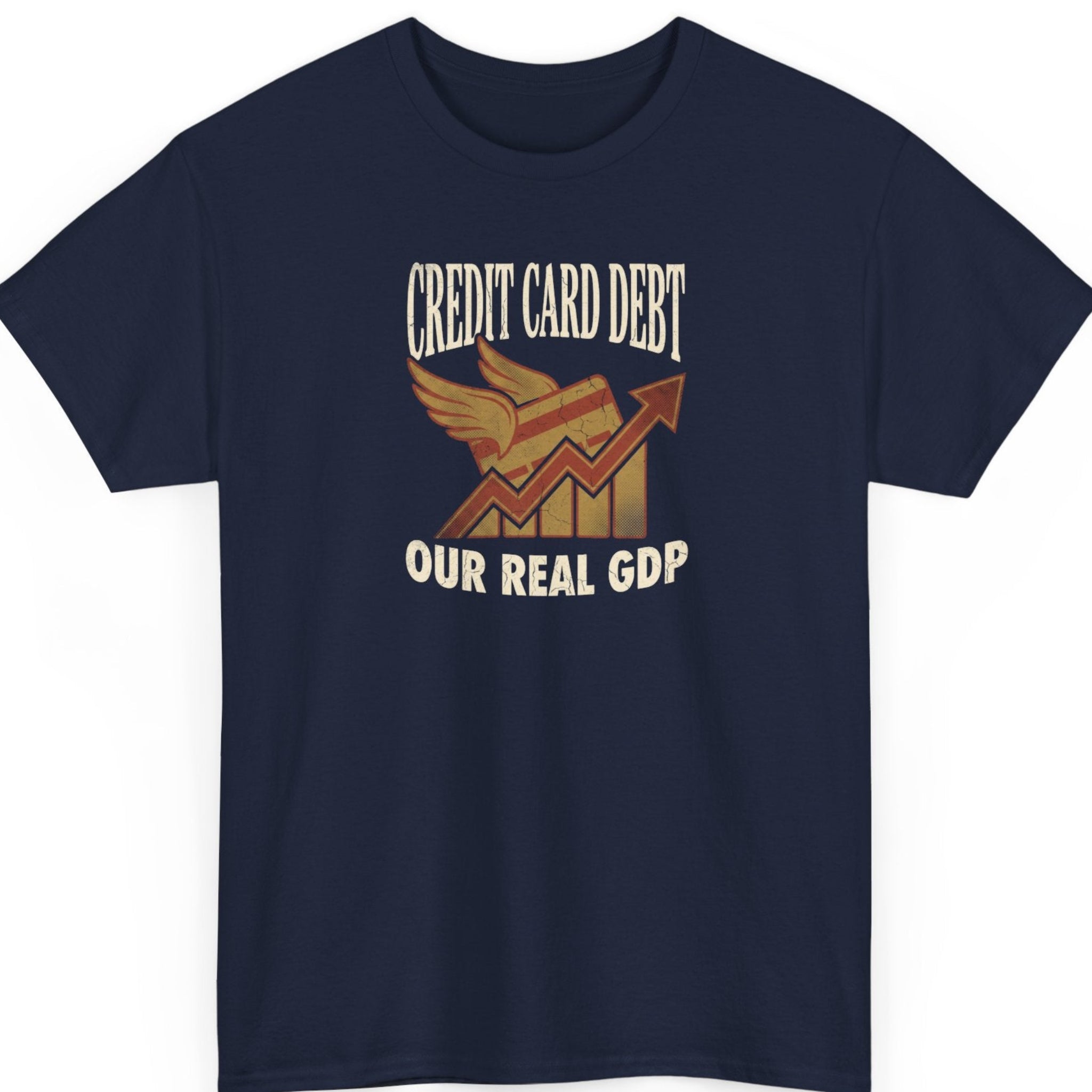 Mayhem Haus economic humor graphic tee on a navy blue shirt featuring a winged credit card, rising chart graphic, and distressed vintage typography reading "Credit Card Debt Our Real GDP."