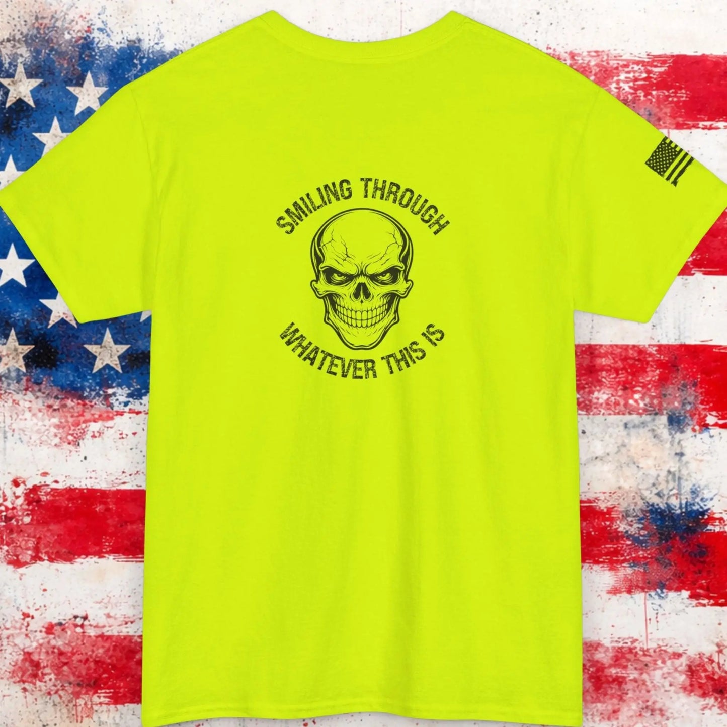 Bright green t-shirt with skull graphic and text on a distressed American flag background