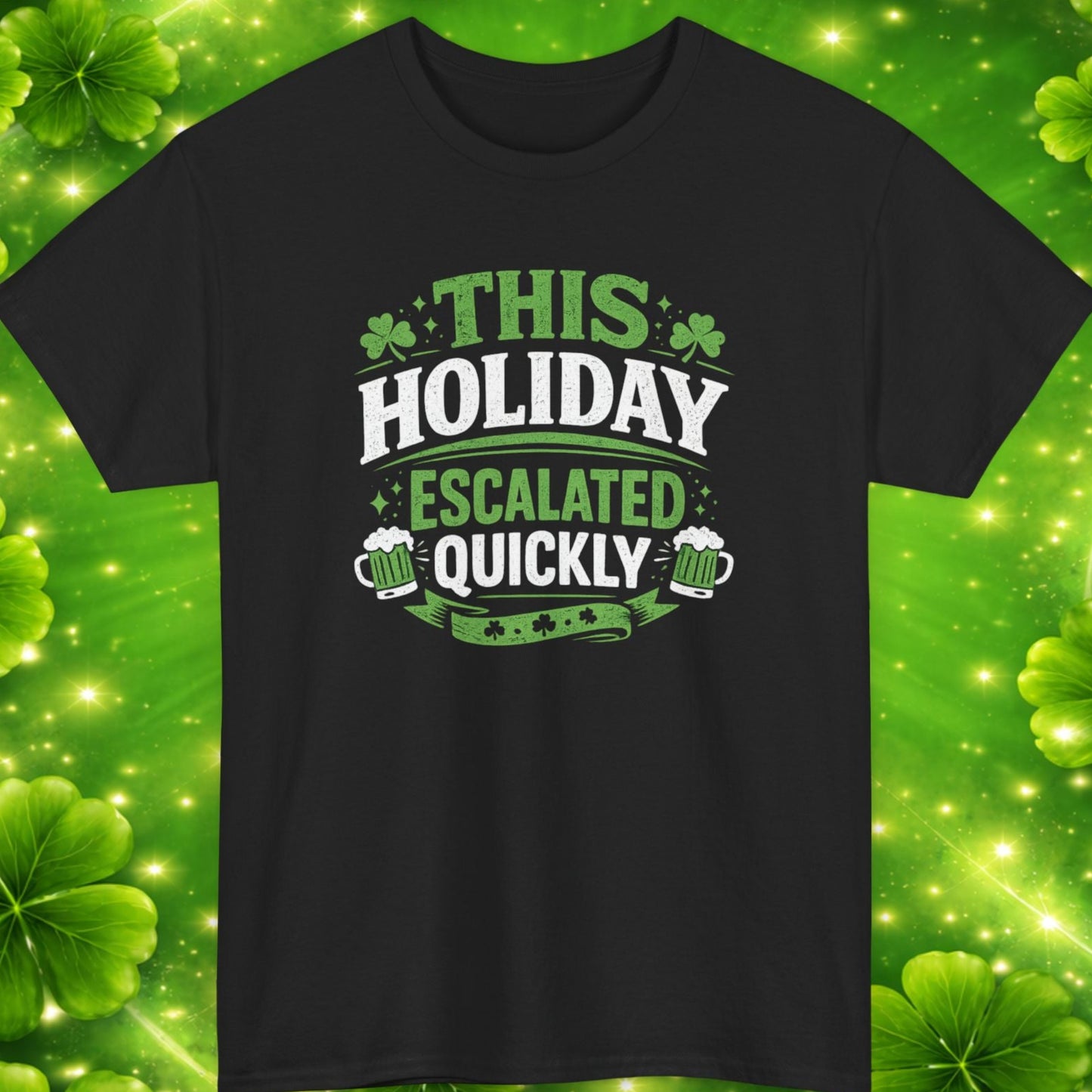 Black t-shirt with humorous text design on a green clover leaf background