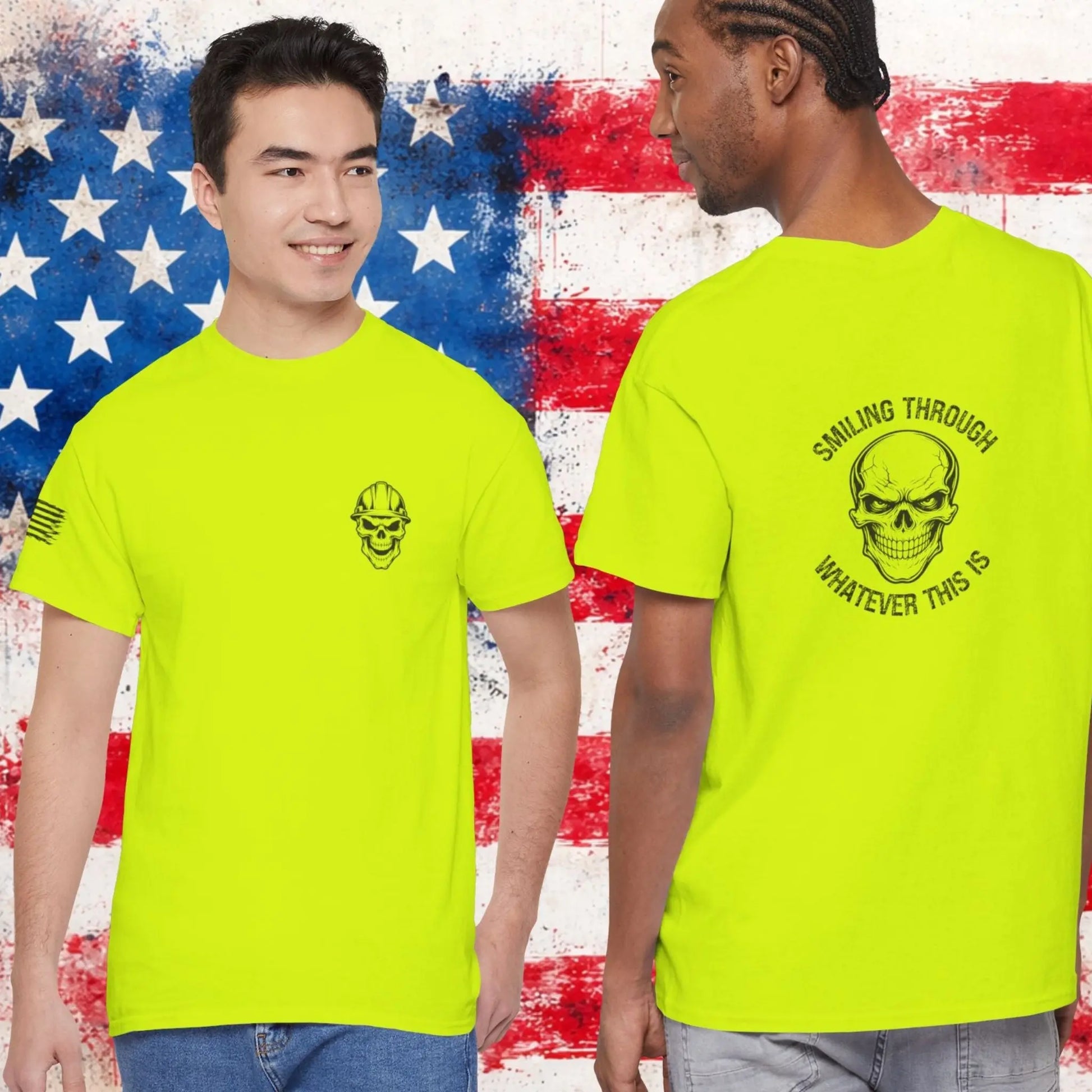 Two people wearing bright green t-shirts with text and a skull logo against an American flag background.
