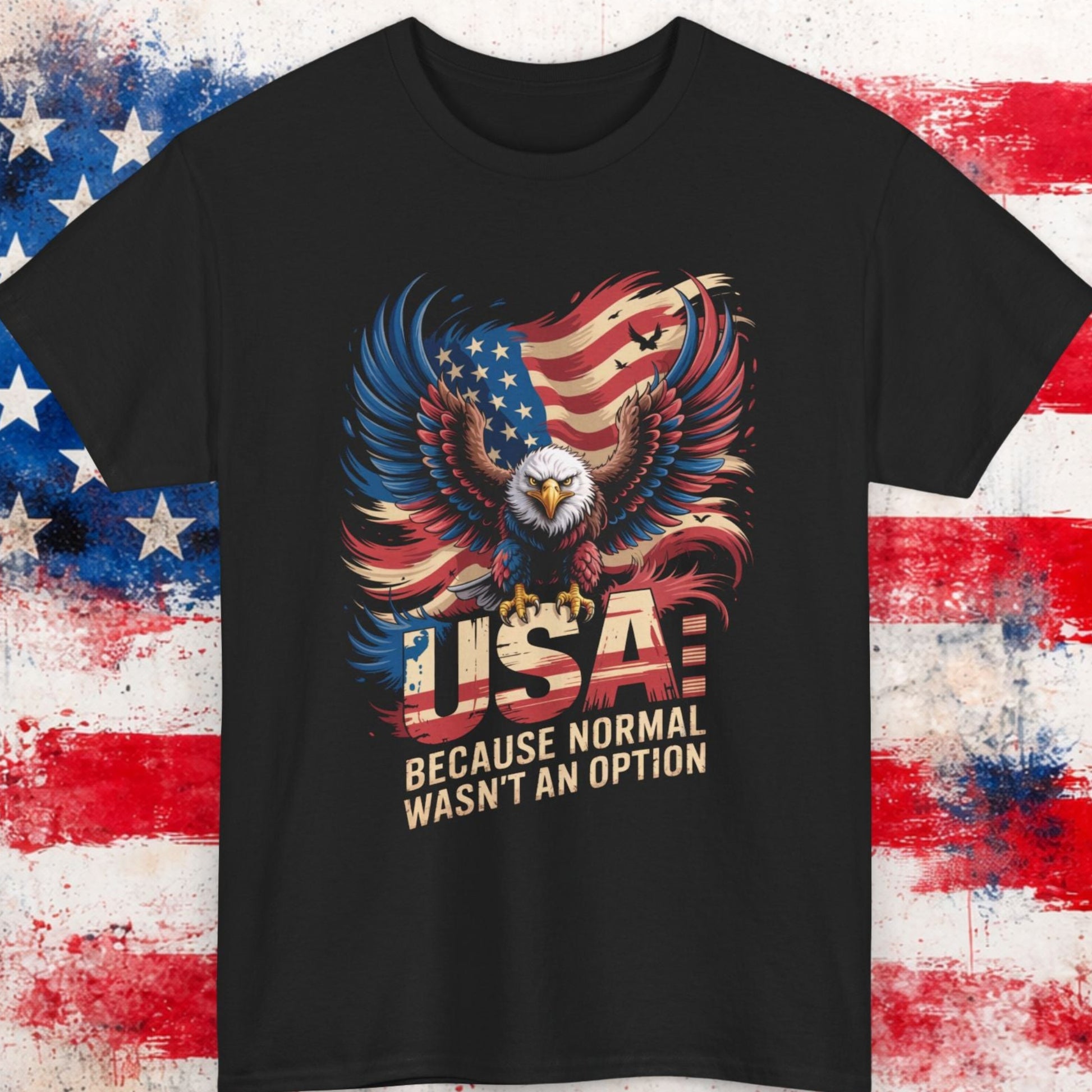 Black t-shirt with an eagle and American flag design on a textured background