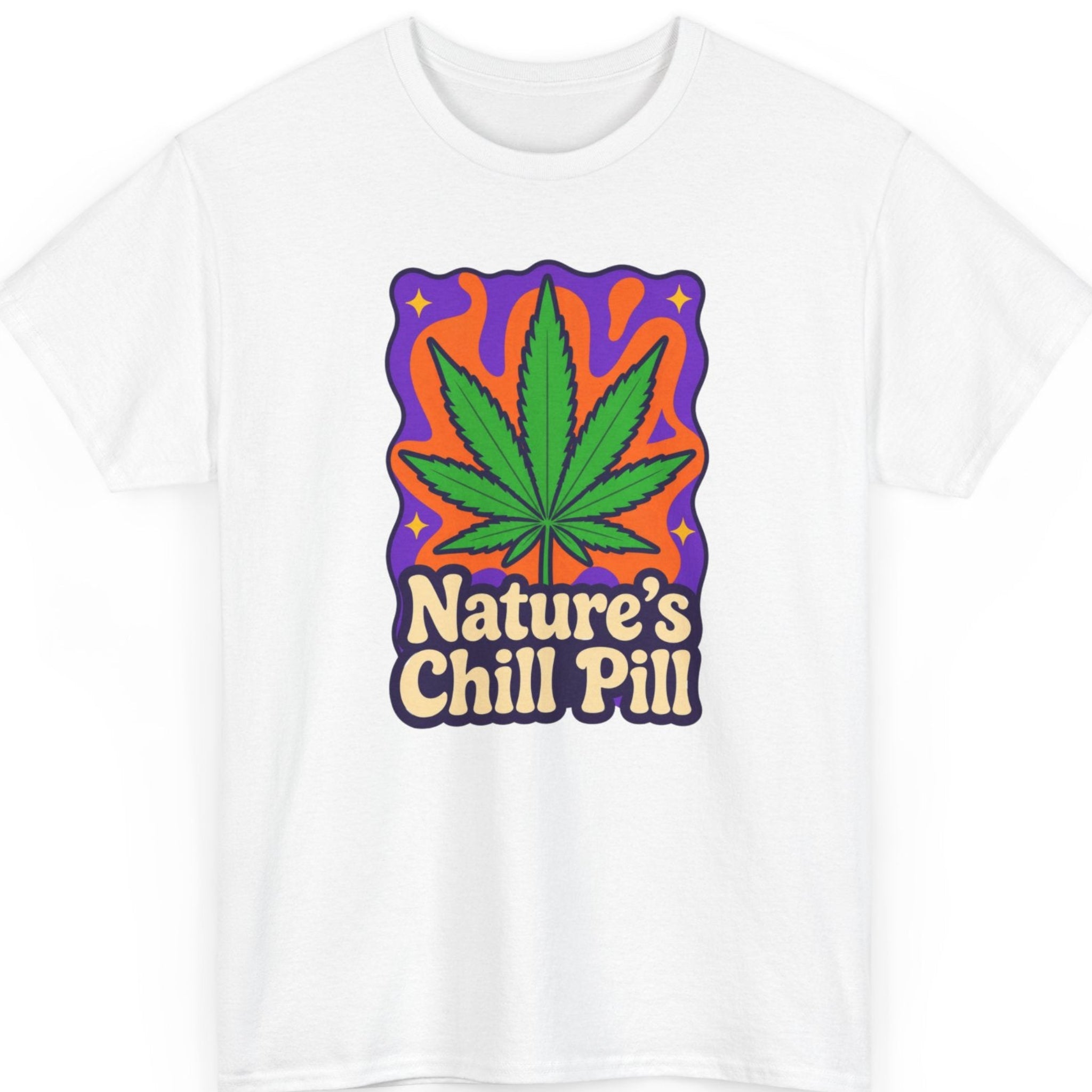 Mayhem Haus cannabis graphic tee on a white shirt featuring a green marijuana leaf over a psychedelic orange and purple design with the retro slogan "Nature's Chill Pill."