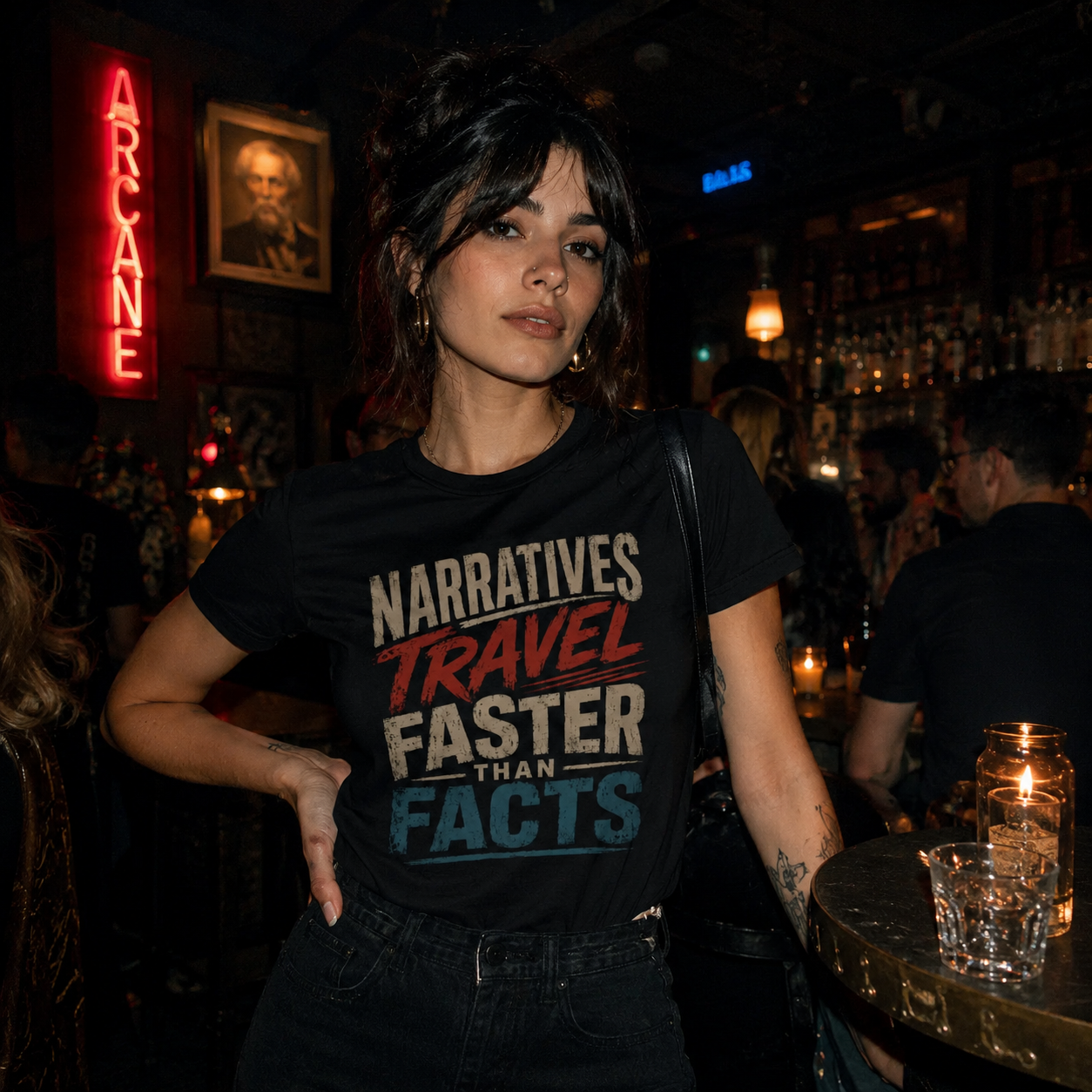 Mayhem Haus Narratives Travel Faster Than Facts T-Shirt