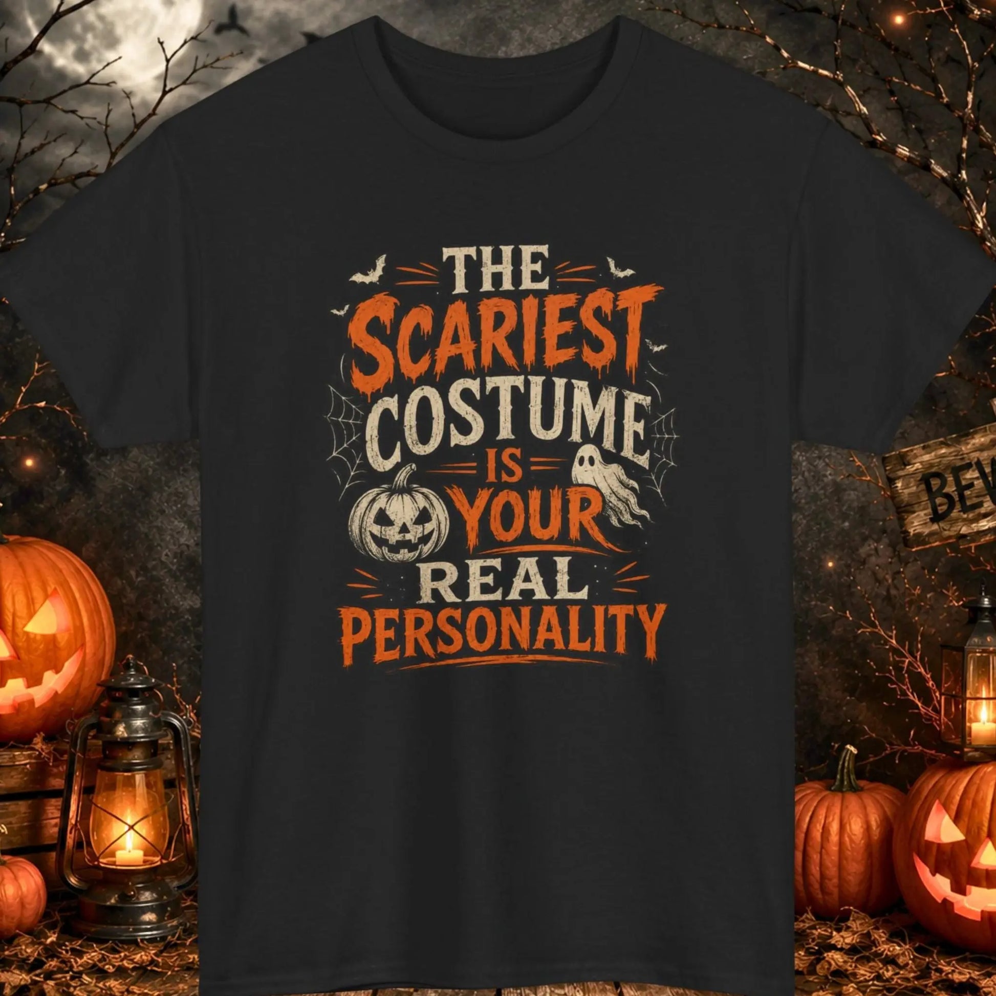 Funny Halloween graphic t-shirt featuring distressed vintage typography that reads "The Scariest Costume Is Your Real Personality" with bats, spider webs, ghost, and jack-o'-lantern illustrations on a black shirt, perfect for spooky season, Halloween parties, and dark humor lovers.