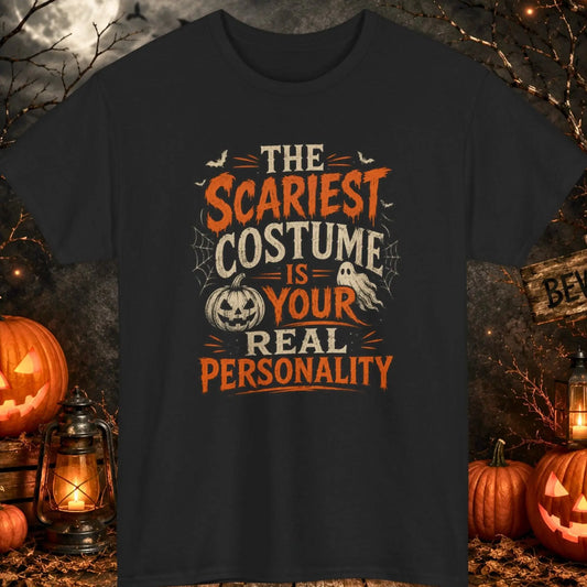 Funny Halloween graphic t-shirt featuring distressed vintage typography that reads "The Scariest Costume Is Your Real Personality" with bats, spider webs, ghost, and jack-o'-lantern illustrations on a black shirt, perfect for spooky season, Halloween parties, and dark humor lovers.