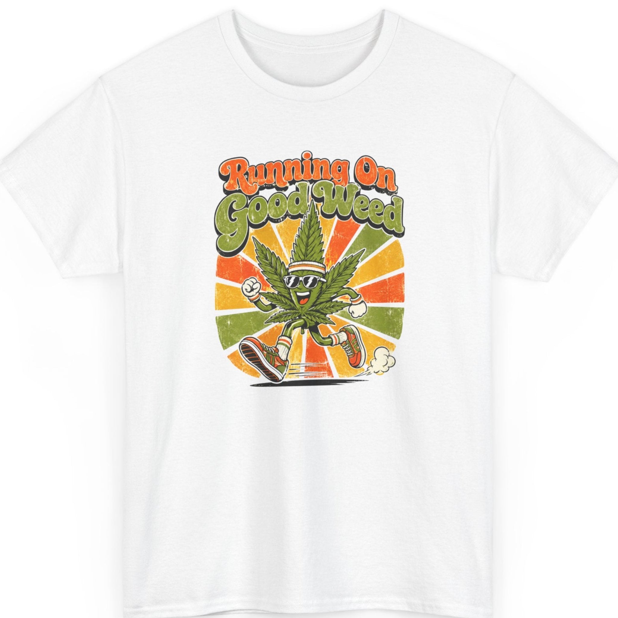 Mayhem Haus novelty cannabis t-shirt on a white shirt featuring a smiling marijuana leaf mascot in running gear against a retro sunset with the phrase "Running On Good Weed."