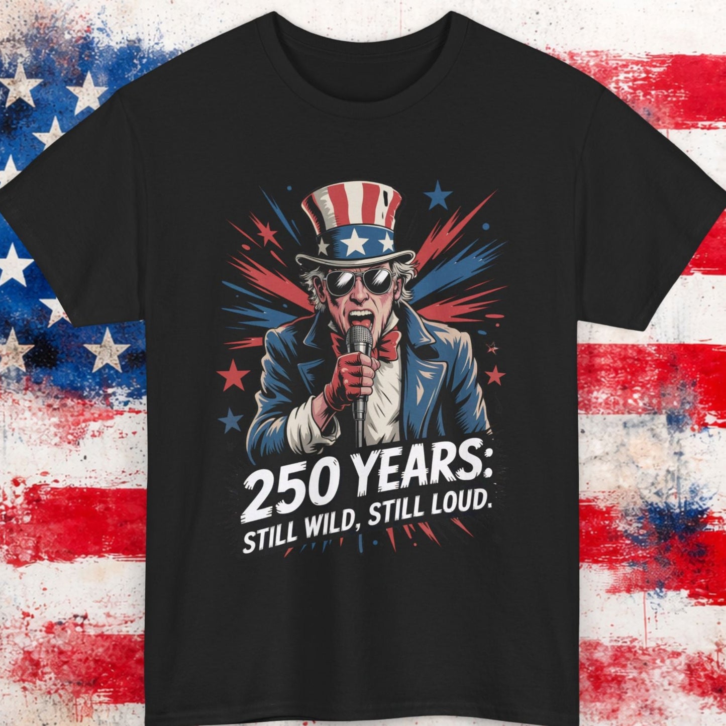 Black t-shirt with Uncle Sam graphic and text on a distressed American flag background