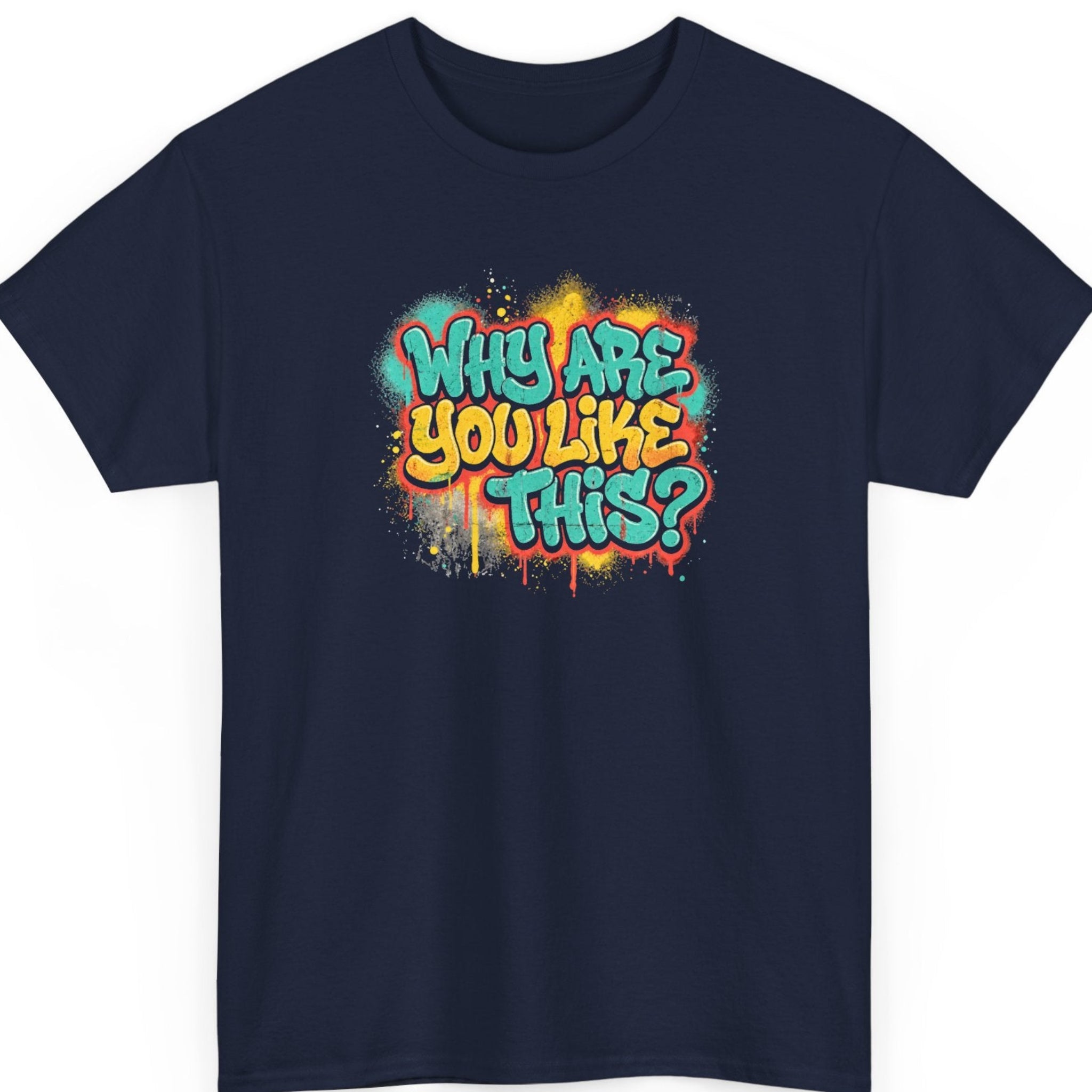 Mayhem Haus “After Meeting You Your Father Should Have Pulled Out” navy blue t-shirt featuring distressed mint green and turquoise retro lettering in a stacked, vintage-inspired typography design.
