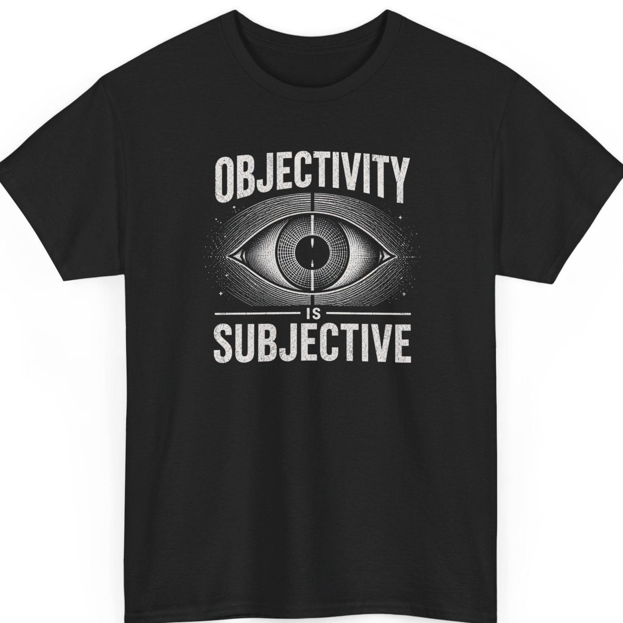Mayhem Haus "Objectivity Is Subjective" graphic t-shirt on a black shirt featuring distressed white typography with a detailed engraved eye illustration in a bold minimalist layout.