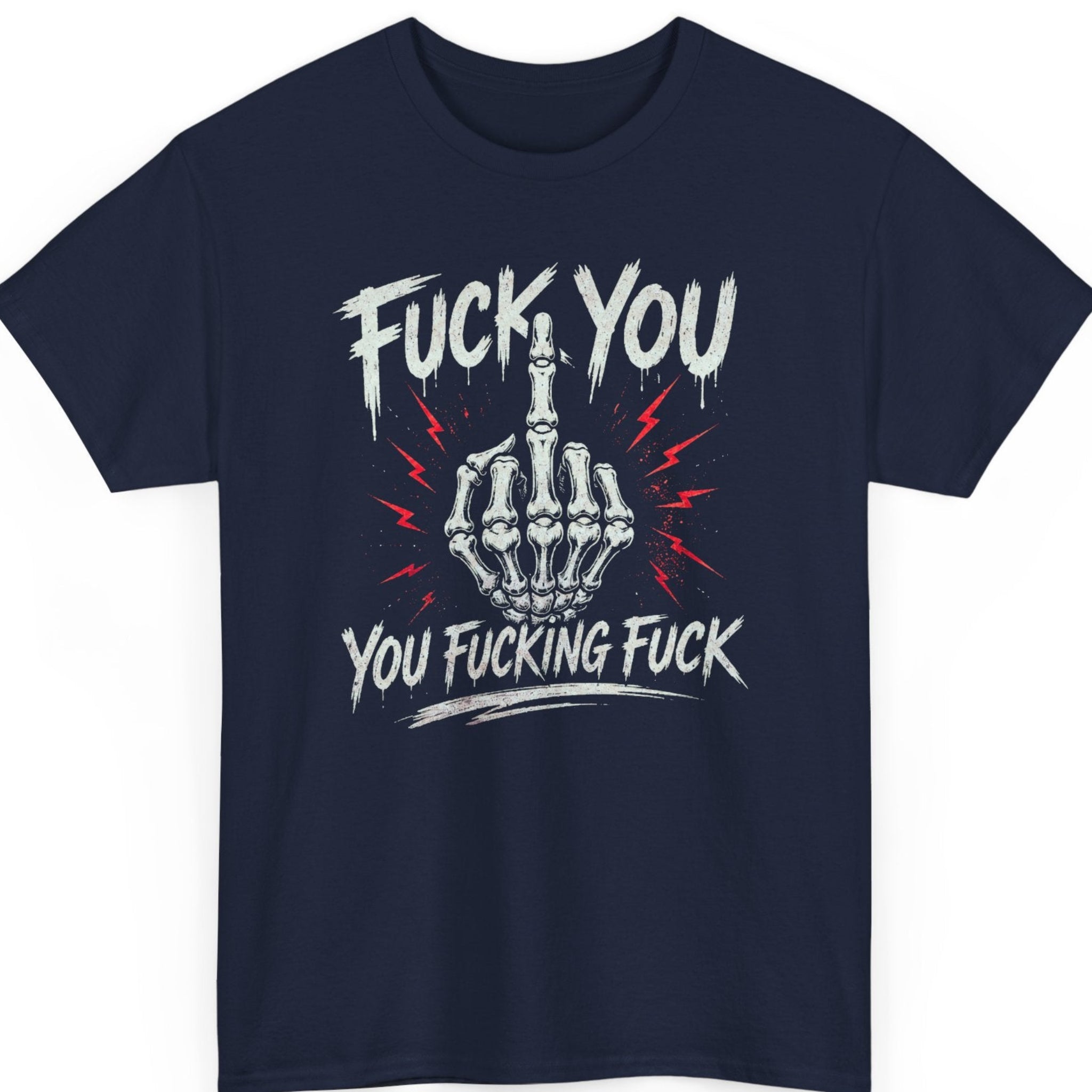 Mayhem Haus graphic tee on a navy blue shirt featuring a skeleton hand flipping the middle finger with distressed white lettering and red lightning accents.