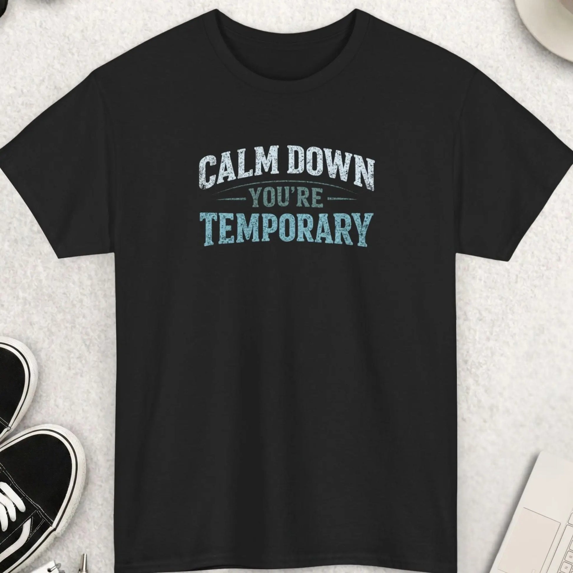 Black t-shirt featuring distressed vintage typography reading “Calm Down You’re Temporary” in a minimalist existential humor design.