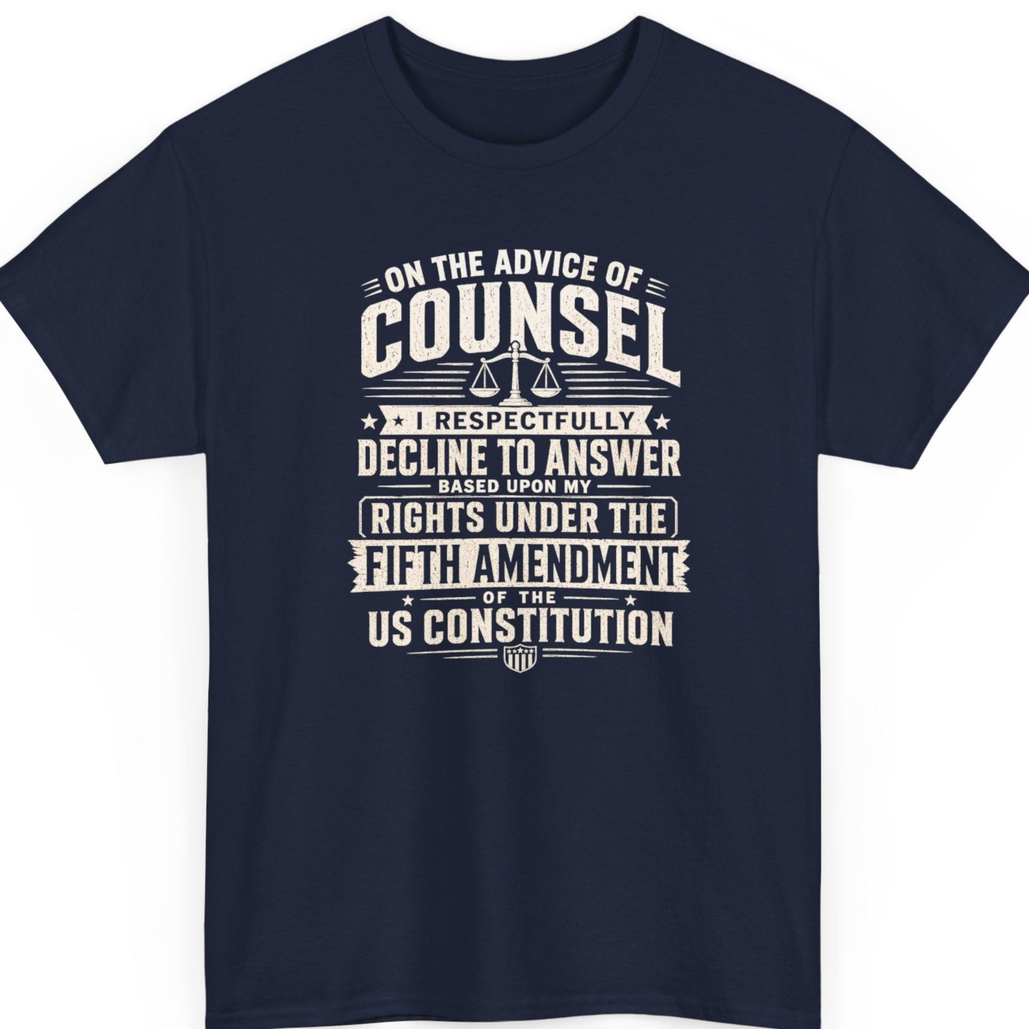 Mayhem Haus Fifth Amendment graphic tee on a navy blue shirt featuring distressed cream typography with a scales of justice icon and a constitutional rights statement.
