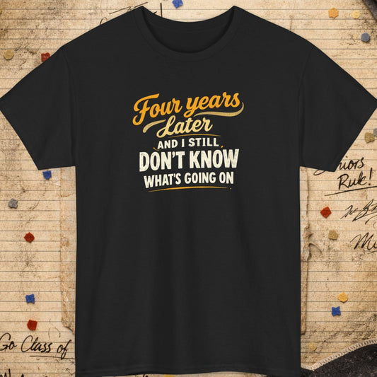 Black t-shirt with humorous text design on a vintage paper background