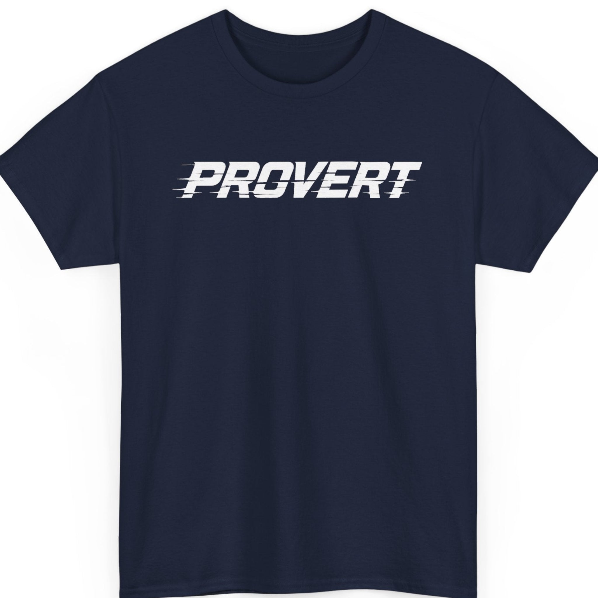 Mayhem Haus “Provert” navy blue t-shirt featuring bold white slanted lettering with fragmented glitch details and a minimalist high-speed typography design.