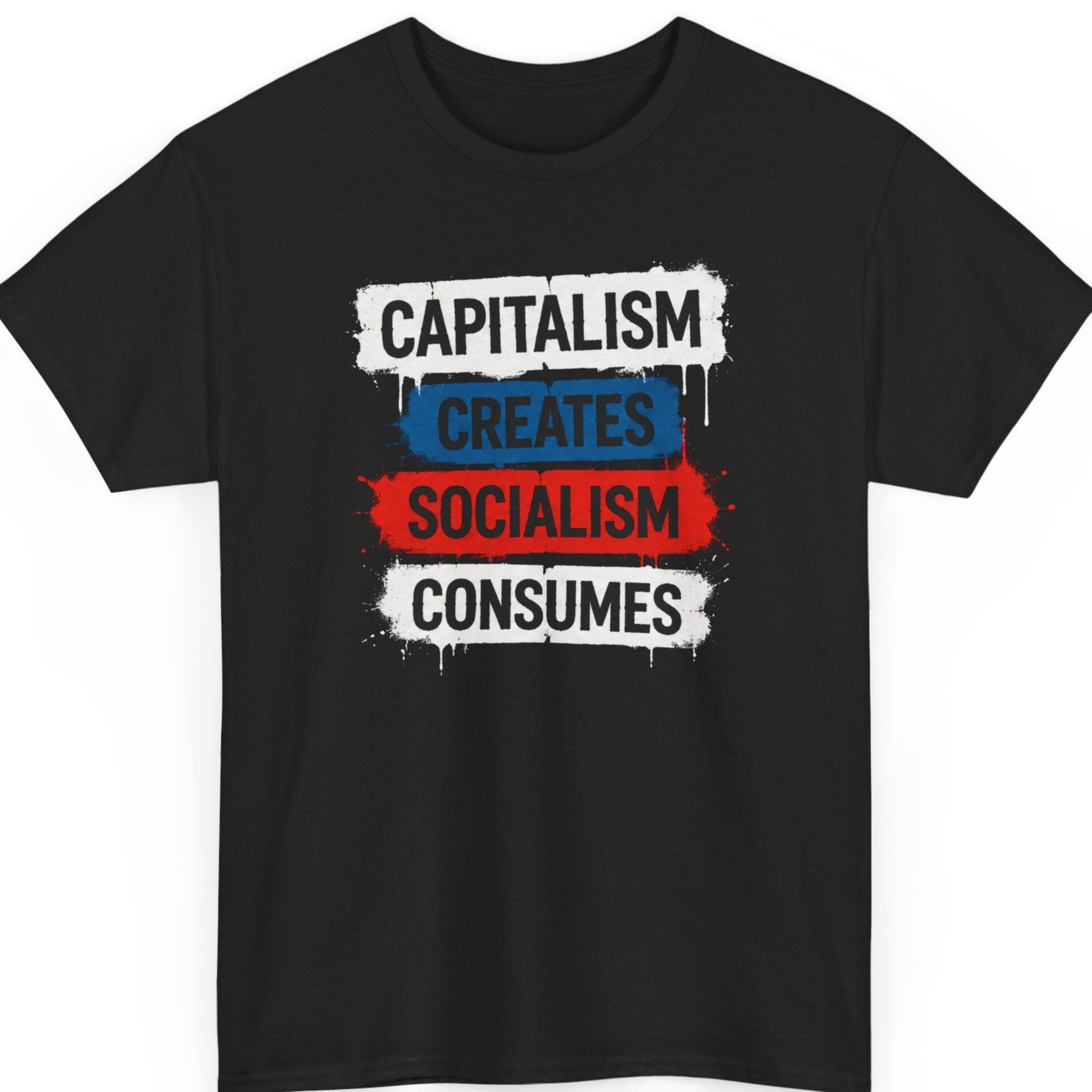 Mayhem Haus Capitalism Creates Socialism Consumes political commentary graphic t-shirt on black shirt
