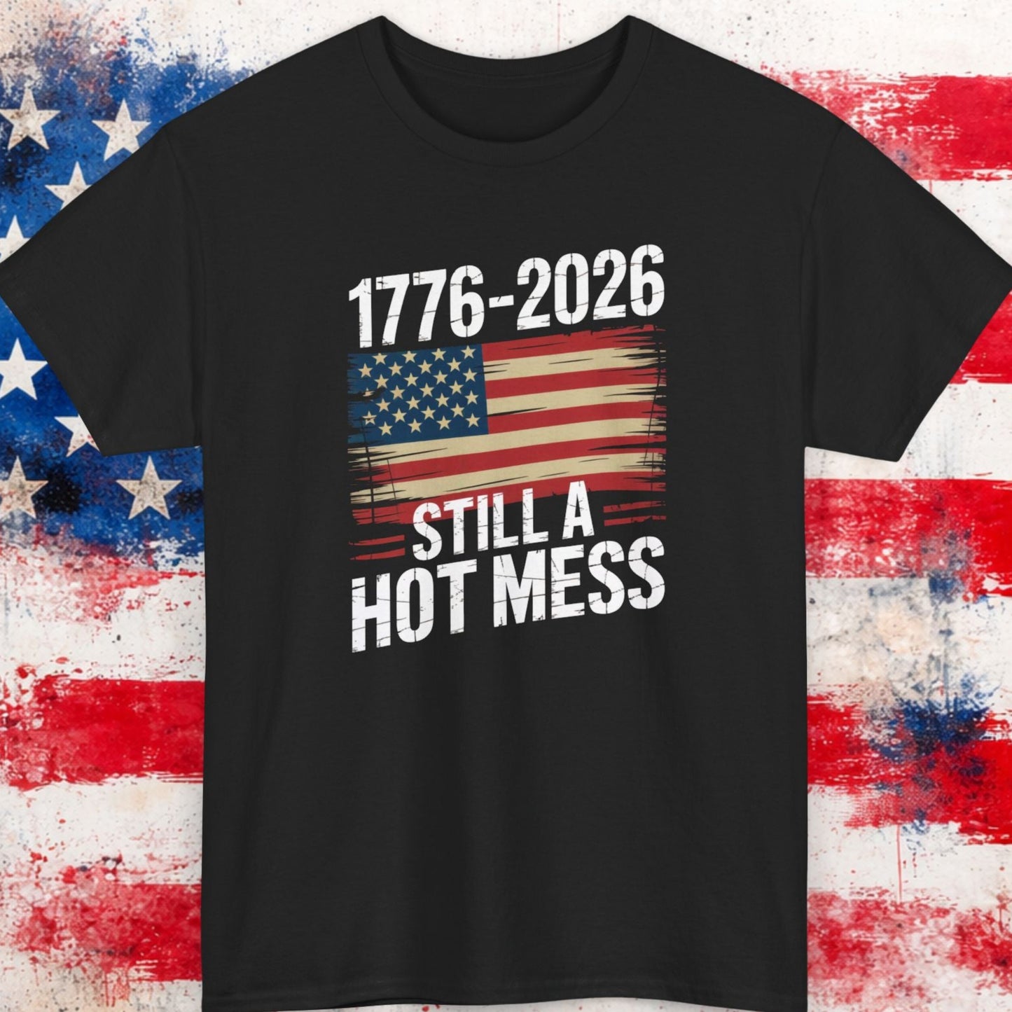 Black t-shirt with American flag and text on a distressed American flag background