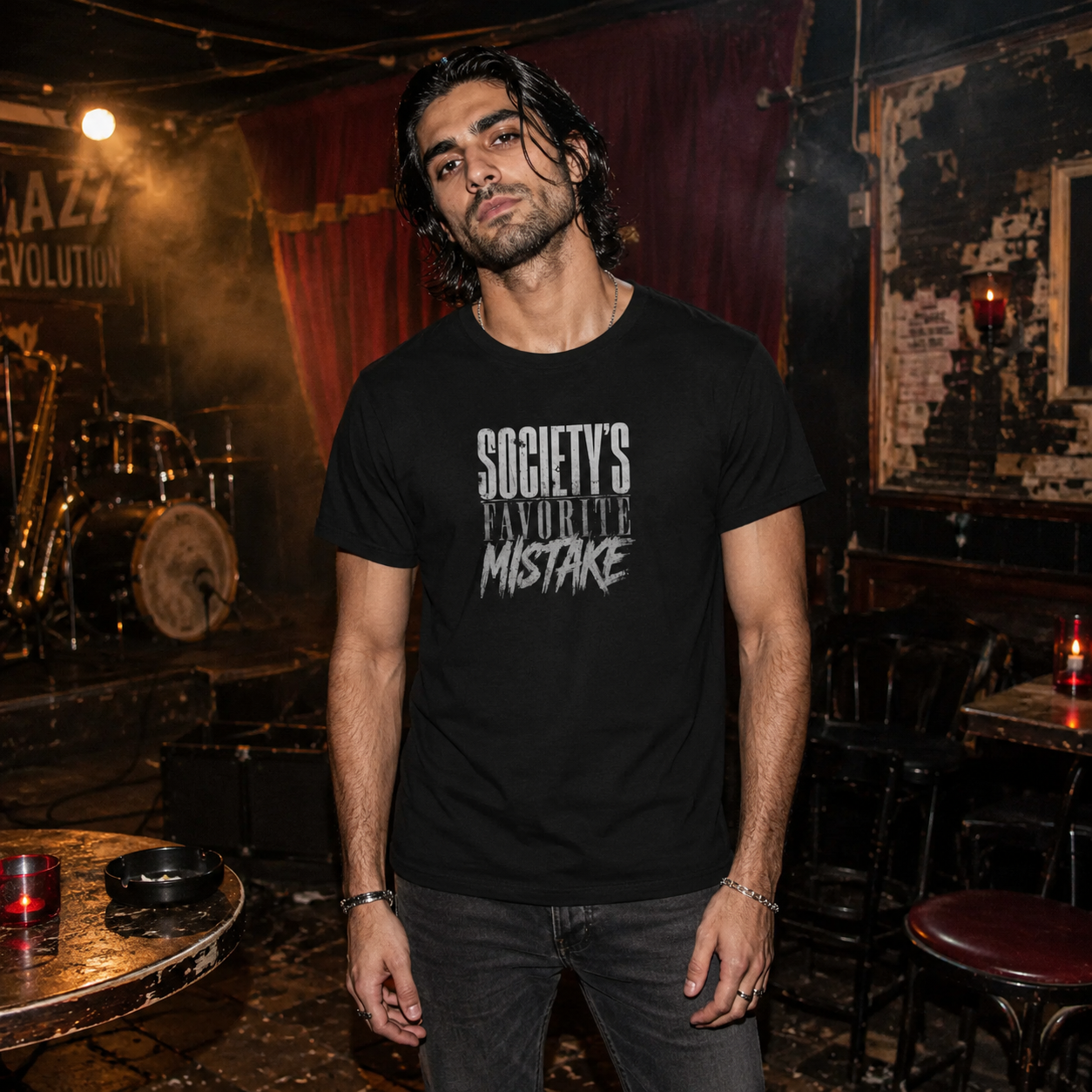 Mayhem Haus Society's Favorite Mistake T-Shirt on a man in a dimly lit bar