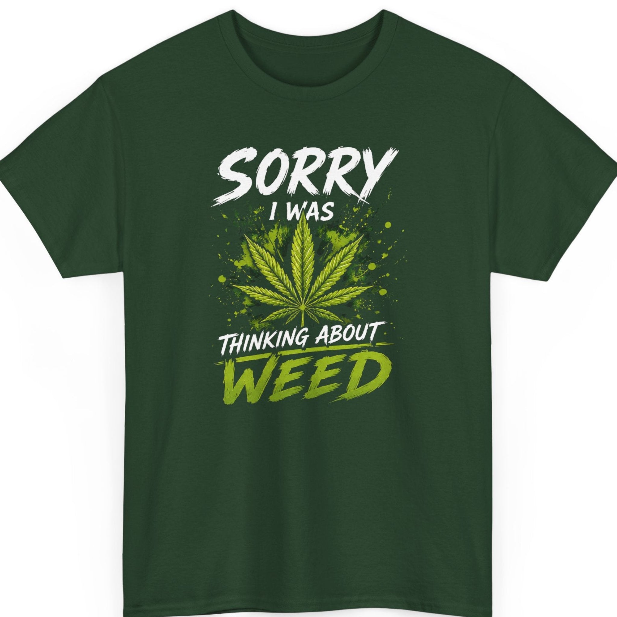Mayhem Haus funny cannabis t-shirt on a forest green shirt featuring a bright green marijuana leaf with distressed white and green typography.