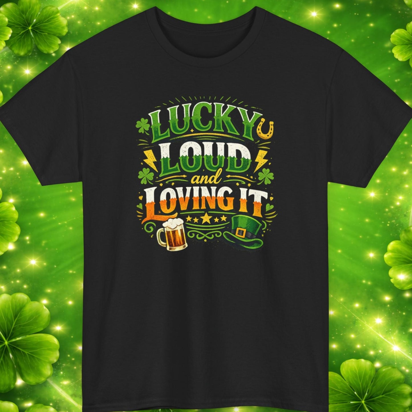Black t-shirt with colorful text design on a green background with shamrocks