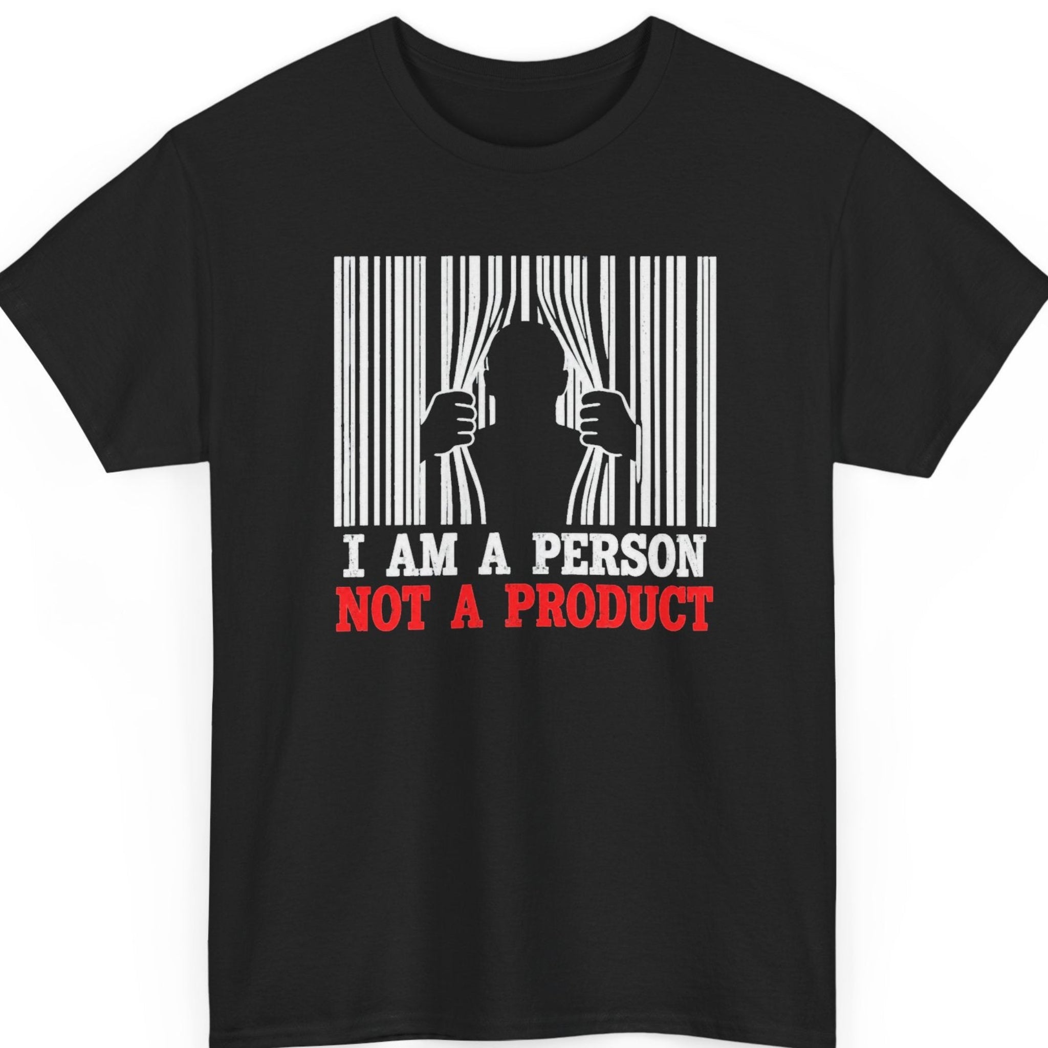 Mayhem Haus “I Am a Person Not a Product” black t-shirt featuring a bold white barcode-style graphic being pulled apart by a human silhouette, with red typography emphasizing “Not a Product.”