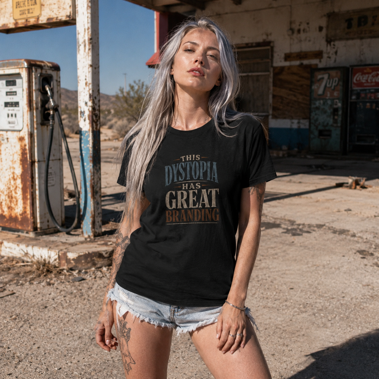Mayhem Haus This Dystopia Has Great Branding T-Shirt on a person in a desert landscape