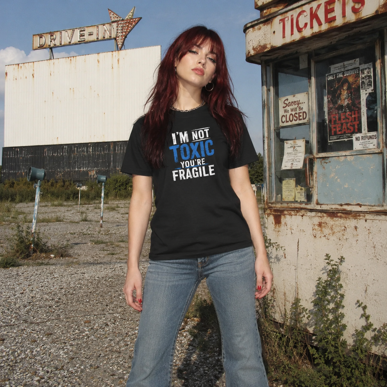 Mayhem Haus I’m Not Toxic, You’re Fragile T-Shirt worn by a woman at a drive-in movie theater