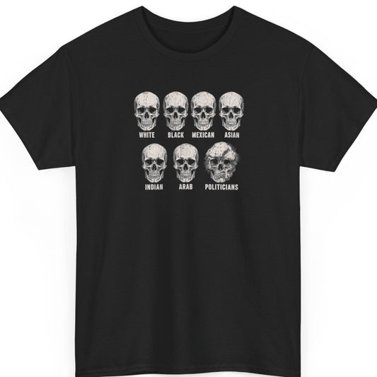 Mayhem Haus graphic t-shirt on a black shirt featuring six human skulls labeled with different groups and a distorted skull labeled "Politicians," creating a satirical monochrome statement design with distressed vintage styling.