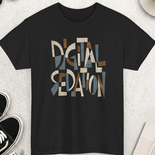 Black t-shirt featuring abstract Cubism-style typography reading “Digital Sedation” in distressed earth-tone geometric lettering.